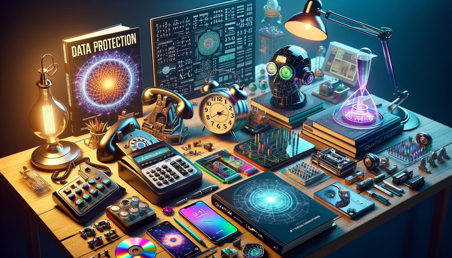 KDB Tech-Update 202409140505 Technikschreibtisch mit Büchern, analoger Uhr und Telefon, Rechner, Smartphone, Leiterplatten und Leucht-Displays; Szene für Technik-Update/Innovation.