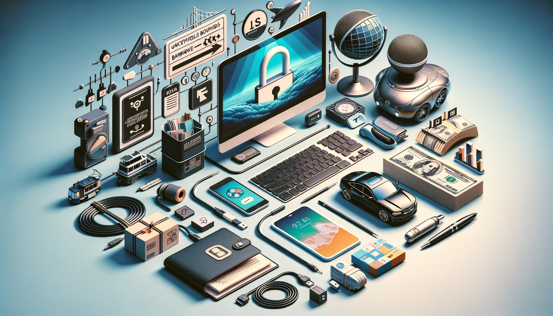 KDB Tech-Update 202409150502 Technik-Desktop: Laptop mit Schloss-UI, daneben Mikrofon, Kabel, Smartphone-App, Fahrzeugmodell und Geld – symbolisiert digitale Sicherheit und Vernetzung.