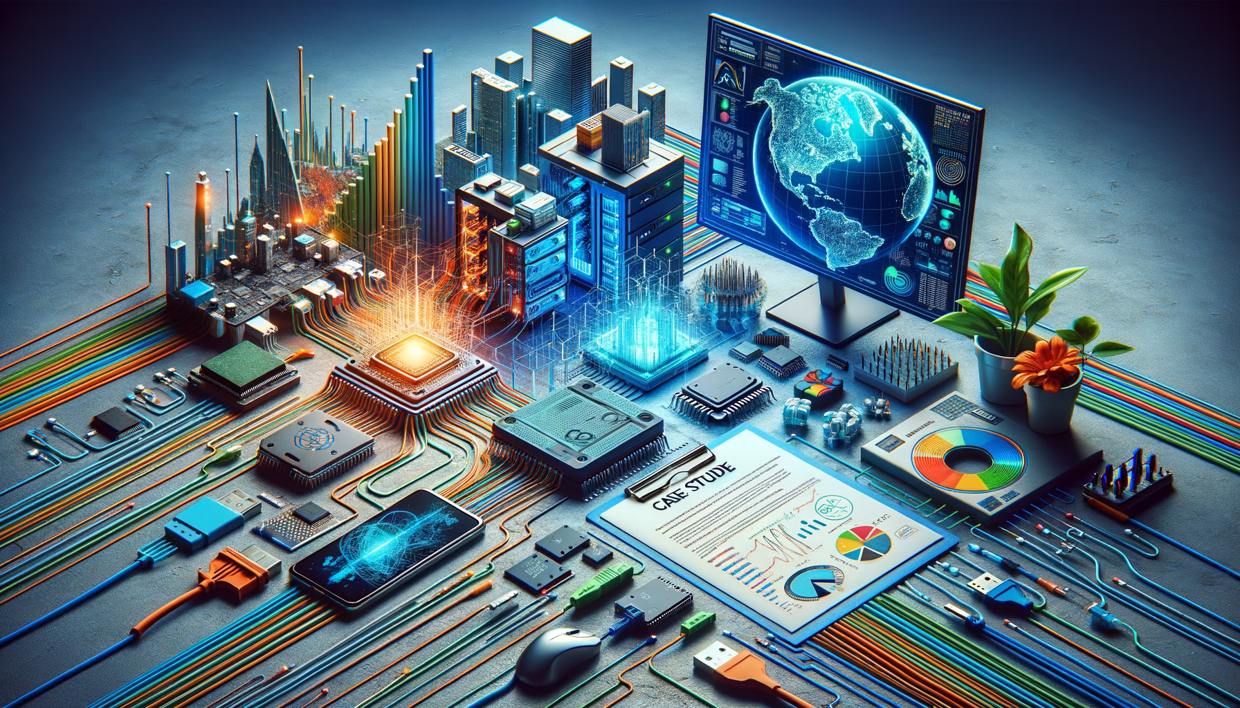 KDB Tech-Update 202409151501 Elektronik-Arbeitsplatz mit Chips, Kabeln, Monitoren, Weltkarte und Diagrammen; zeigt vernetzte Datenanalyse, Tests und Technik-Update.