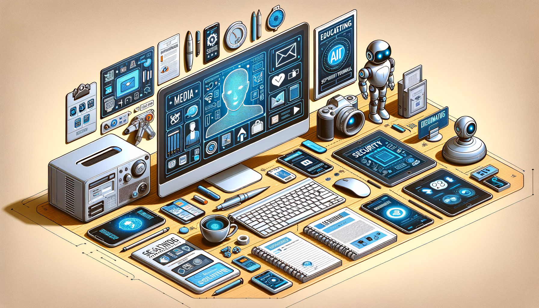 KDB Tech-Update 202409161505 Technischer Arbeitsplatz mit Monitoren, Smartphone-Chat, KI- und Sicherheitsoberflächen, Unterlagen, Robotik-Elementen und Lernmaterialien für Analyse und Kommunikation.