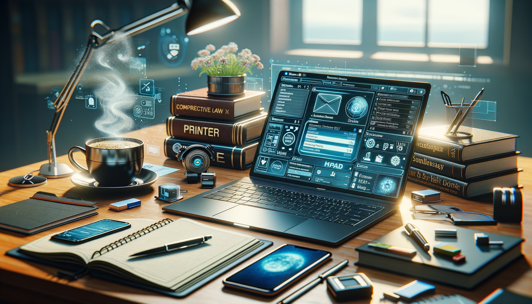 KDB Tech-Update 202409171506 Arbeitsplatz: Laptop mit E-Mail-Ansicht und Sicherheits-UI, daneben USB-Stick, externe Speichergeräte, Dokumentenstapel, Mobiltelefon und Tasse Kaffee.