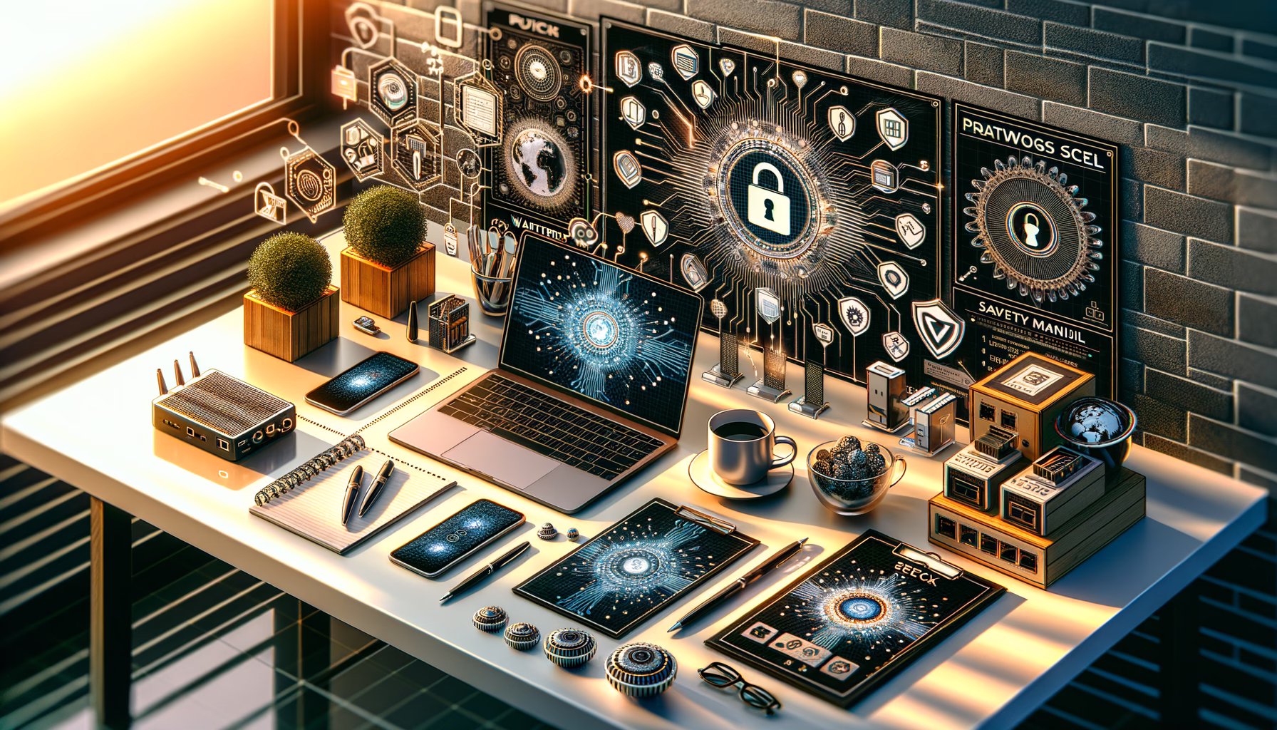 KDB Tech-Update 202409180504 Modernes IT-Schreibtisch-Setup mit Laptop und Netzwerkgeräten; darauf Sicherheits- und Update-Elemente mit digitalen Schloss-Symbolen.