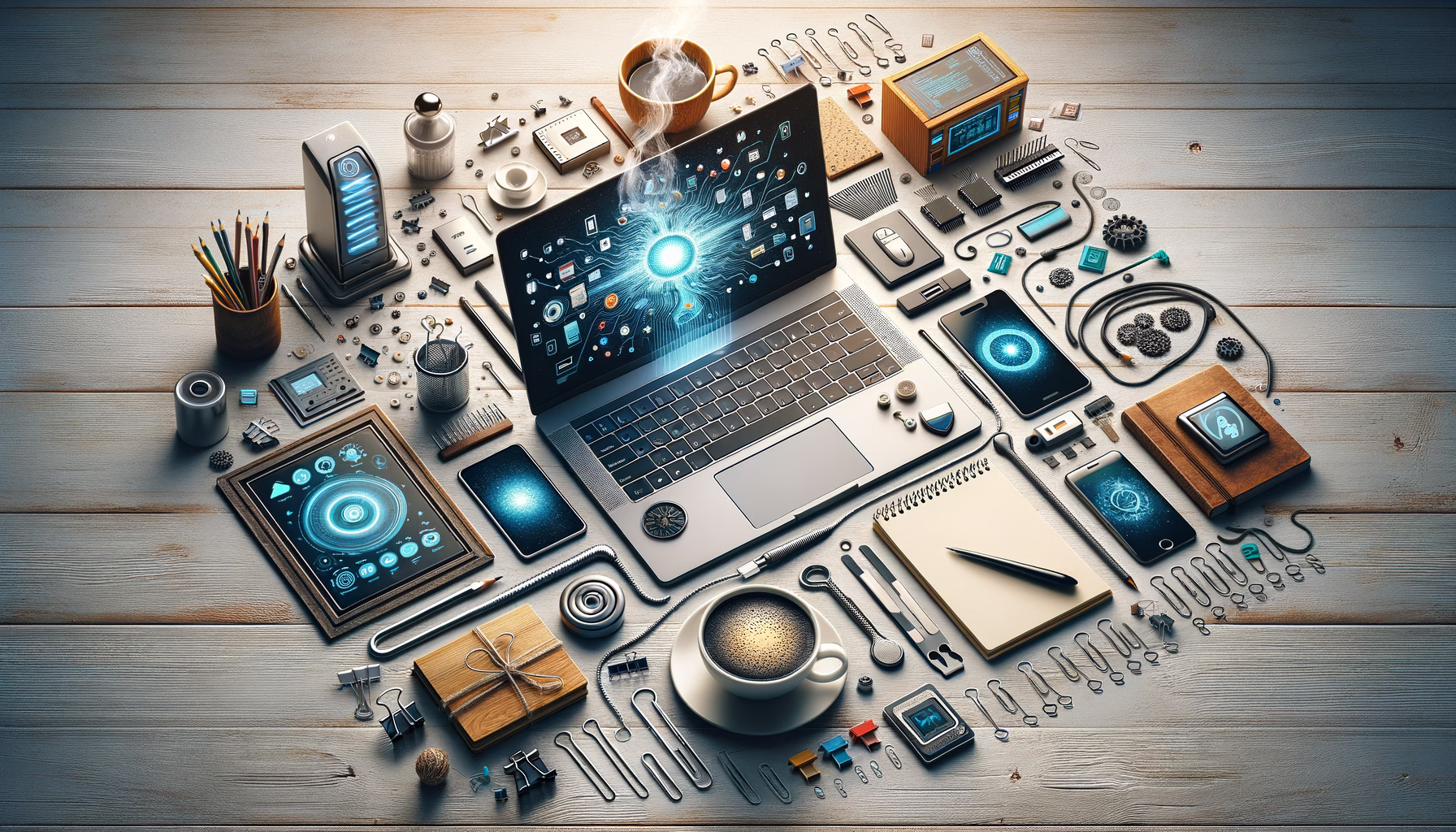 KDB Tech-Update 202409181505 Technik- und Büroarbeitsplatz mit geöffnetem Laptop, Symbolen für Sicherheitssoftware und Firewall, Papieren, Smartphone, Werkzeugen und Kaffee.