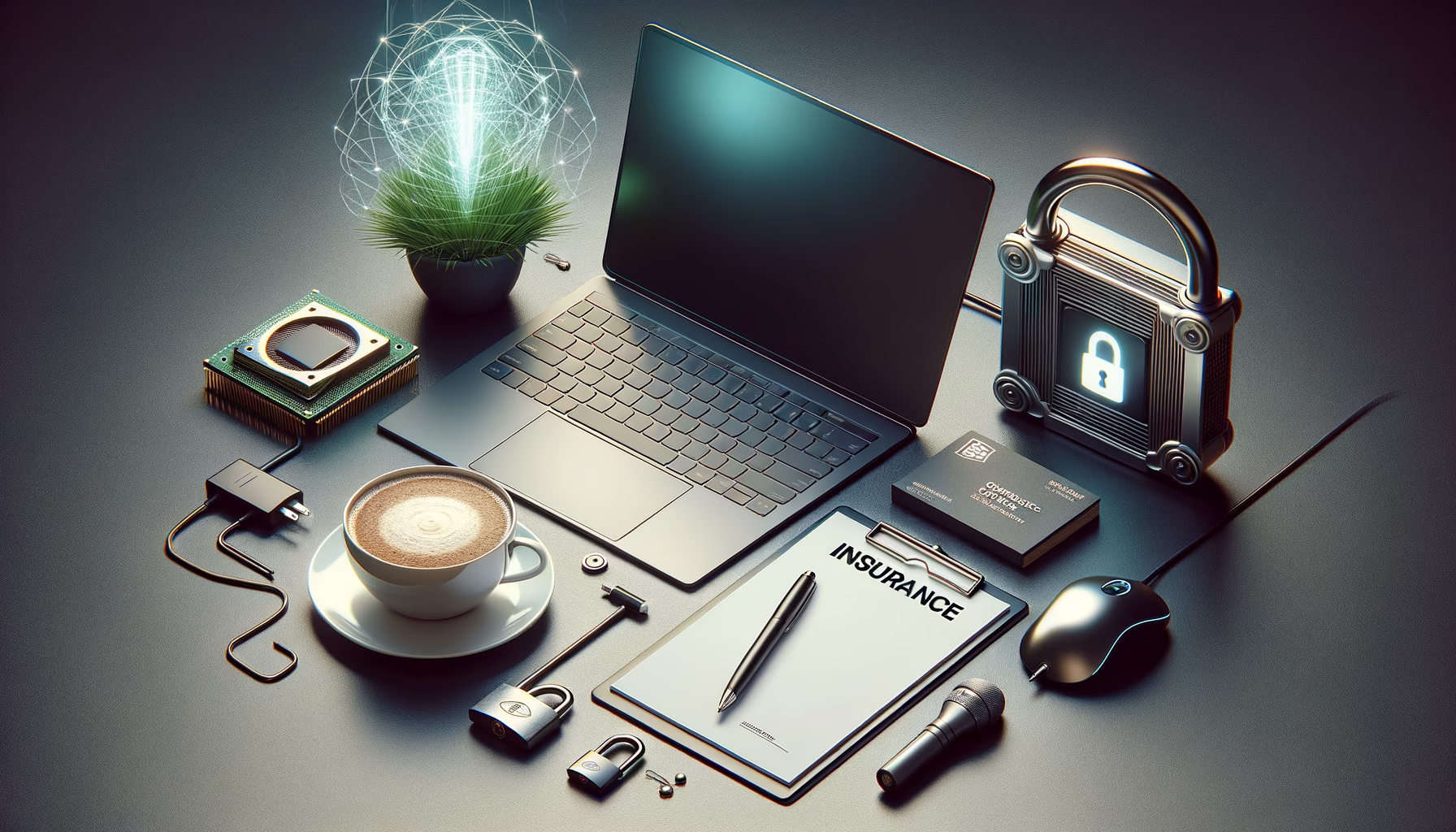 KDB Tech-Update 202409200506 Arbeitsplatz mit Laptop, Kaffeetasse, Notizblock und Zubehör; daneben Chip, Ordner „Insurance“ und Vorhängeschloss als Symbol für Sicherheit.