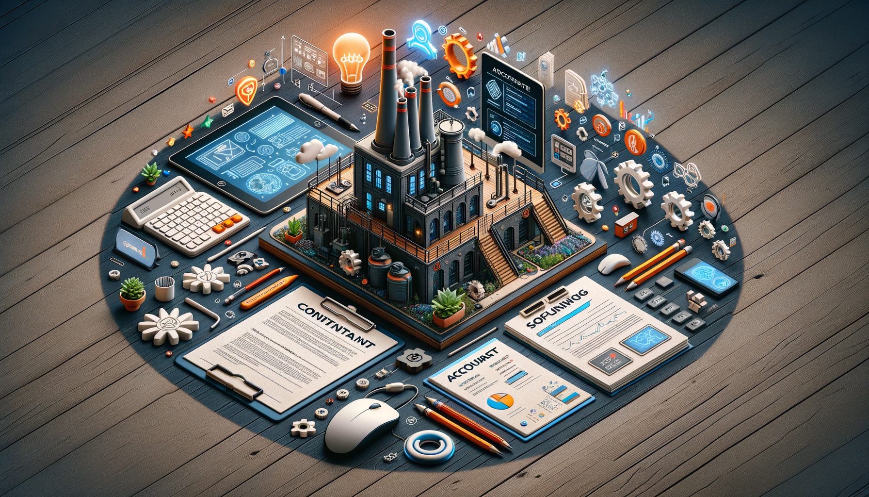 KDB Tech-Update 202409210504 Technik-Desk mit Tablet, Computermaus, Dokumenten, Sicherheits-Software-Icons und Verwaltungskonzept: zeigt Planung, Kontrolle und Zugriffsverwaltung.