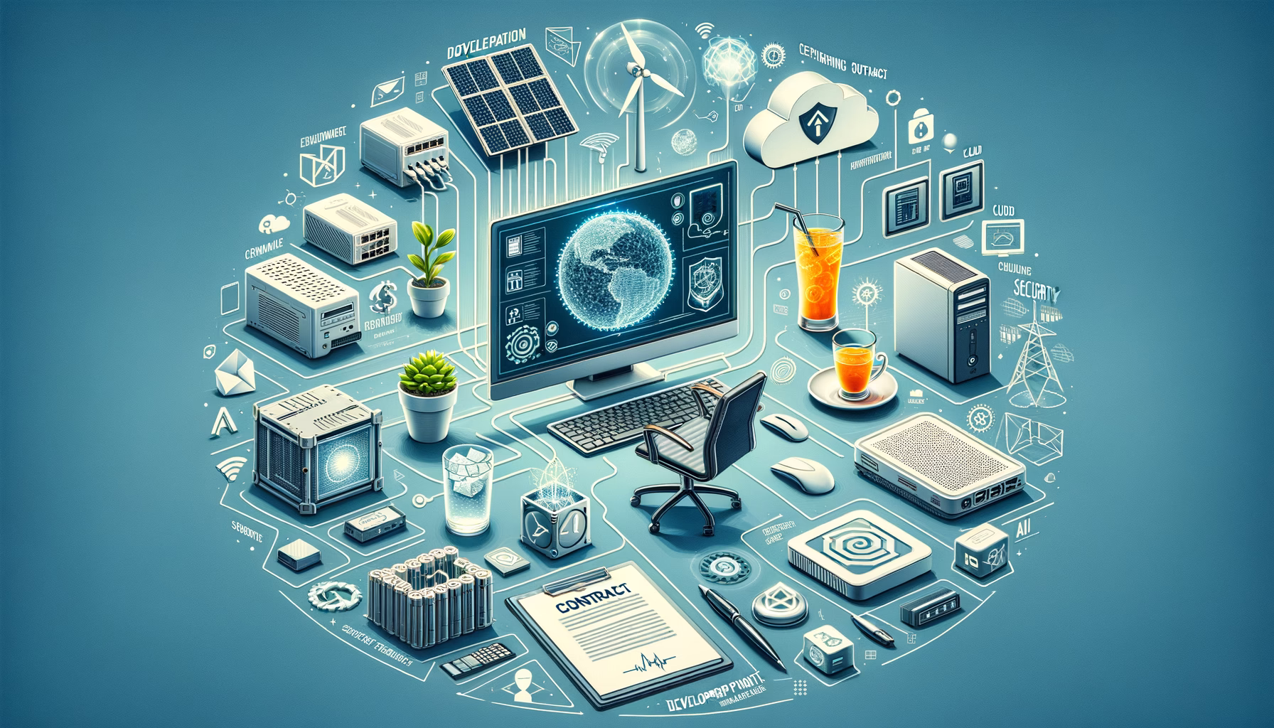 KDB Tech-Update 202409211505 Innovatives IT-Desk-Setup mit Computer, Servern, Cloud- und Sicherheits-Symbolen, KI-Visualisierung, offenen Vertragsseiten und Schnittstellen-Icons.