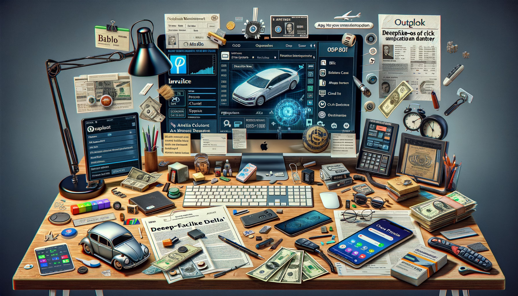 KDB Tech-Update 202409220504 Schreibtisch mit Monitor voller Finanz- und Kommunikationsfenster, Dokumenten und Geldstapeln, darüber technische Symbole, Modellauto, Schlüssel und Rechner.