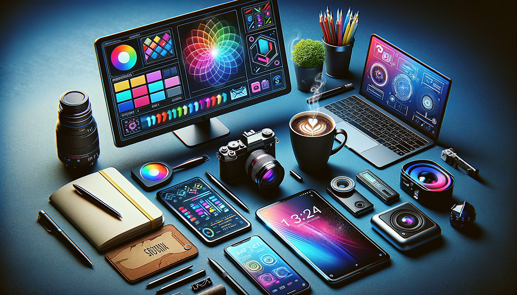 KDB Tech-Update 202409230503 Modernes Arbeitsplatz-Setup mit Monitor, Laptop, Smartphone und Kamera; Notizbuch, Stifte, Kaffeetasse sowie Sicherheitsgerät symbolisieren Produktivität und Technik.