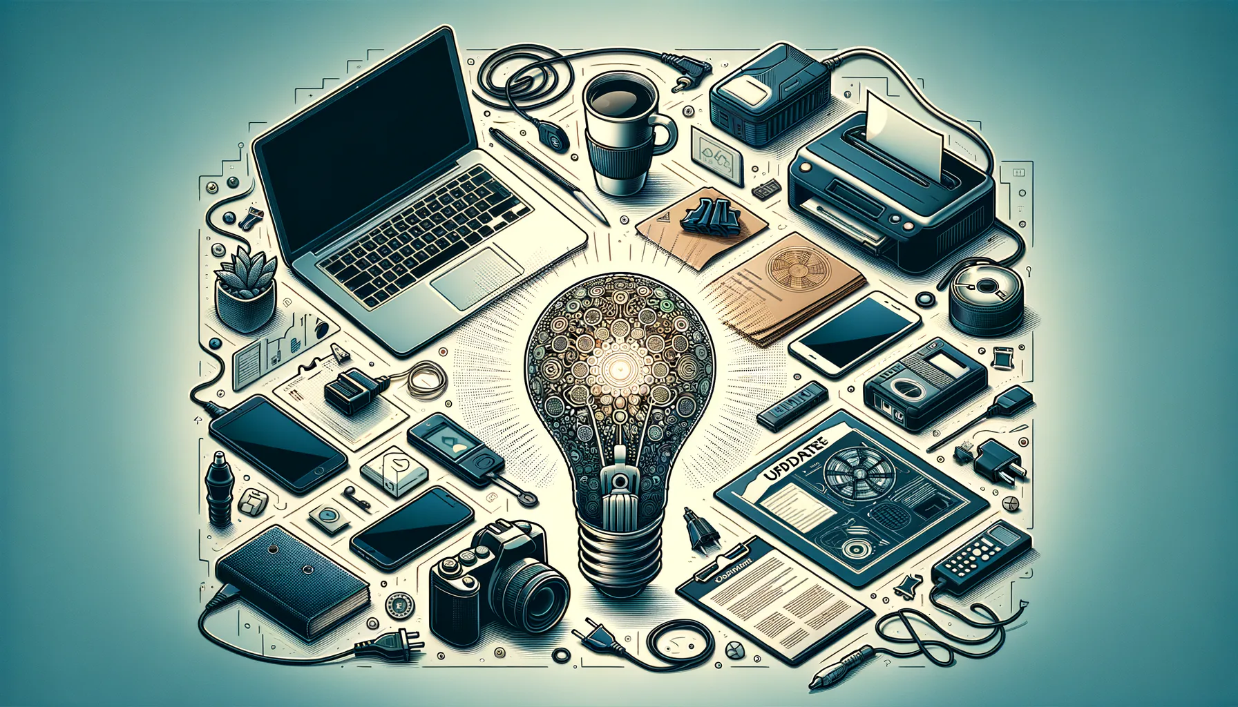 KDB Tech-Update 202409261504 Grafik eines Schreibtisch-Setups mit Laptop, Monitor, Smartphone, Papieren, Kabeln und Update-Dokumenten; Symbol für Technik- und Software-Updates.