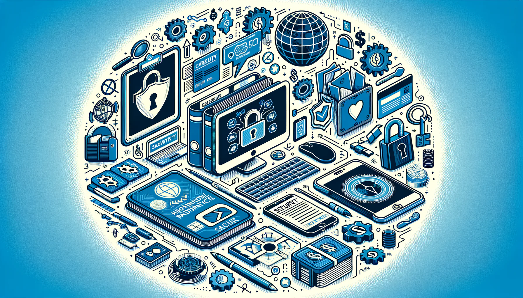 KDB Tech-Update 202409270504 Illustration einer vernetzten Arbeitsfläche mit Laptop, Smartphone und Sicherheits-Symbolen: Schutz vor Angriffen und Verwaltung von Daten.