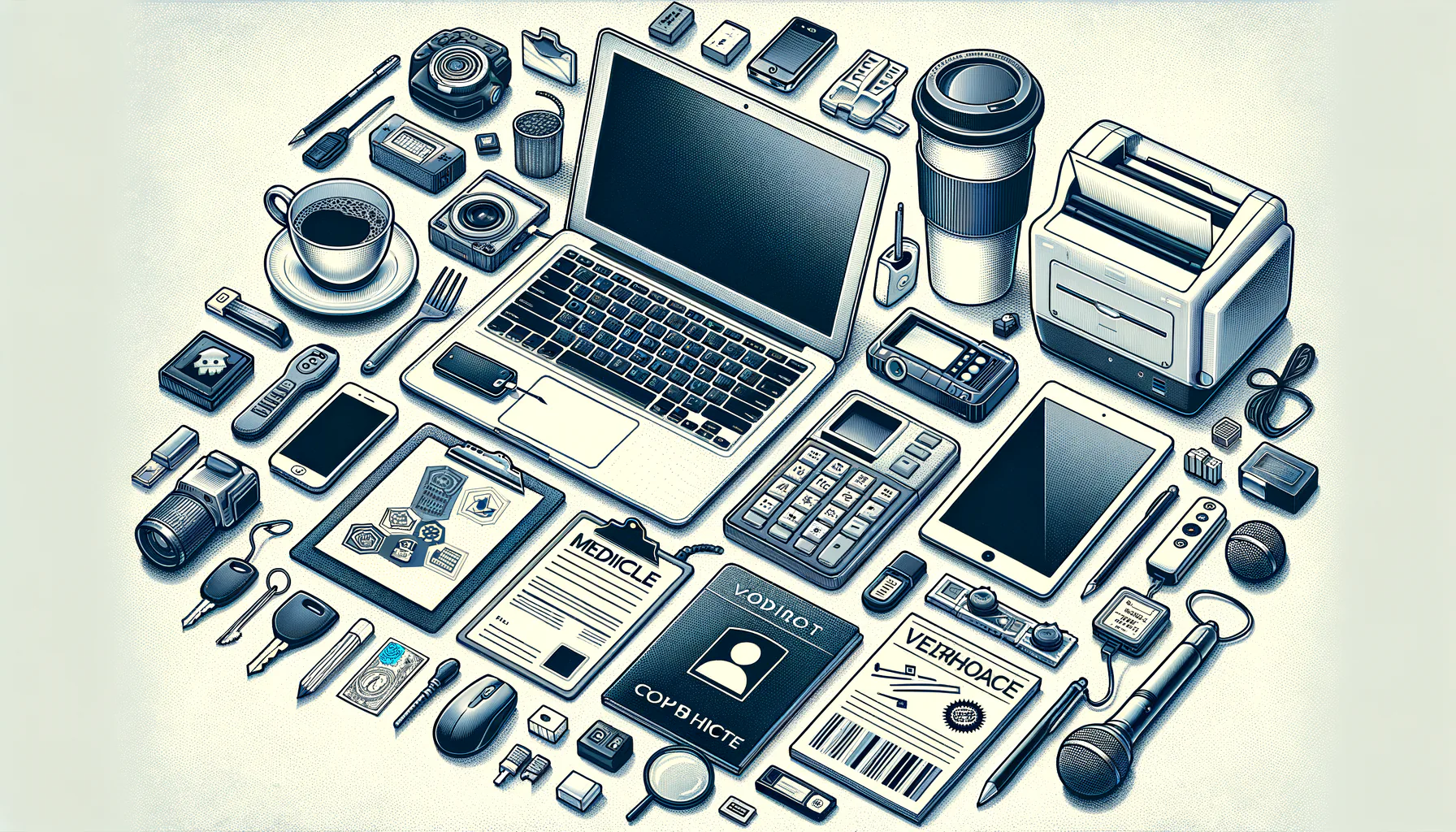 KDB Tech-Update 202409280505 Übersichtlicher Schreibtisch mit Laptop, Telefon, USB-Stick, Drucker, Formularen und Technik-Tools, um Arbeiten, Dokumentation und Datenaustausch zu veranschaulichen.