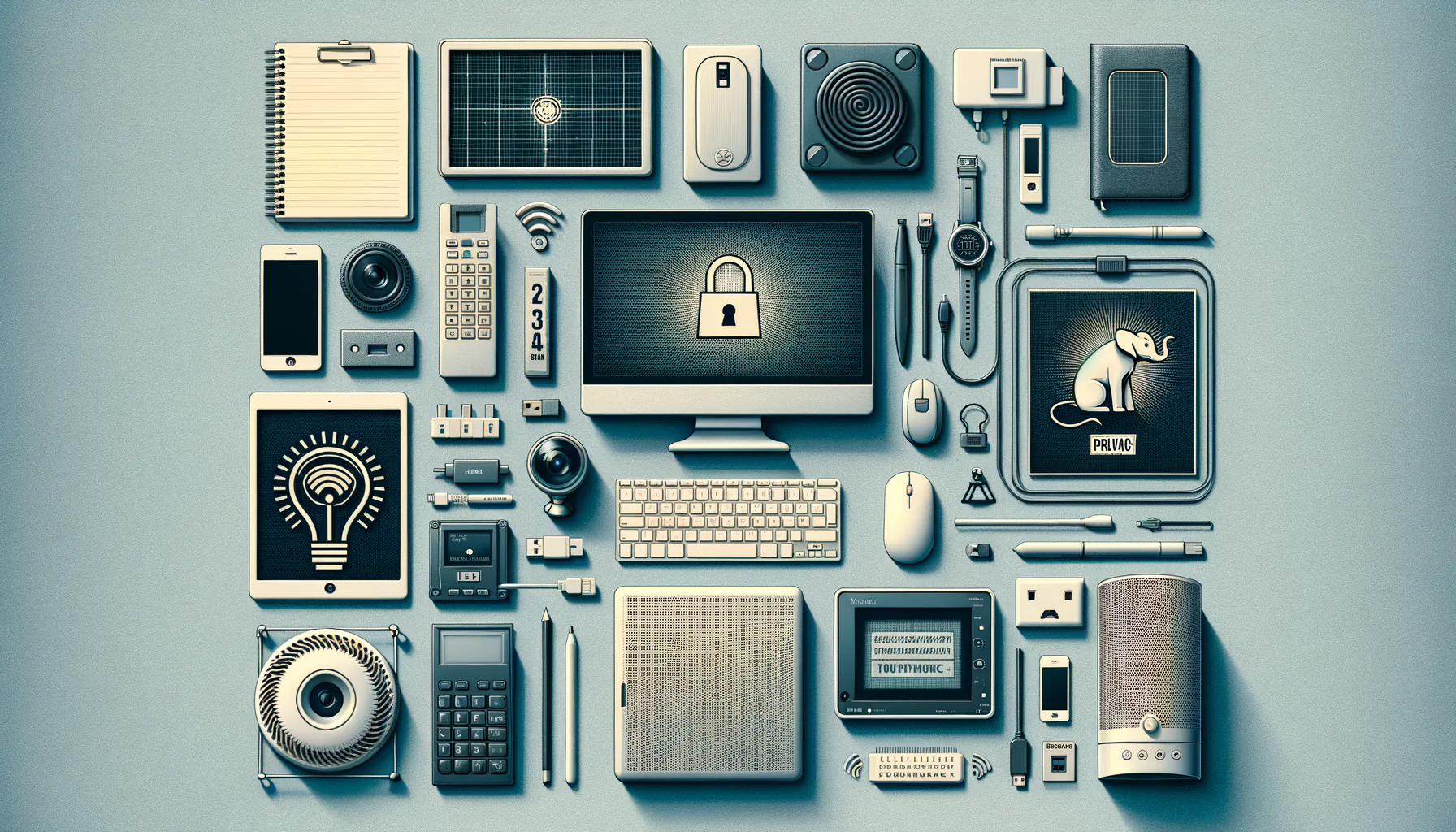 KDB Tech-Update 202409281504 Übersichtliche Anordnung von IT-Geräten und Sicherheitssymbolen am Schreibtisch: Passcode, Modem/Router, Überwachung, Datenschutz-Ordner und Sensoren.