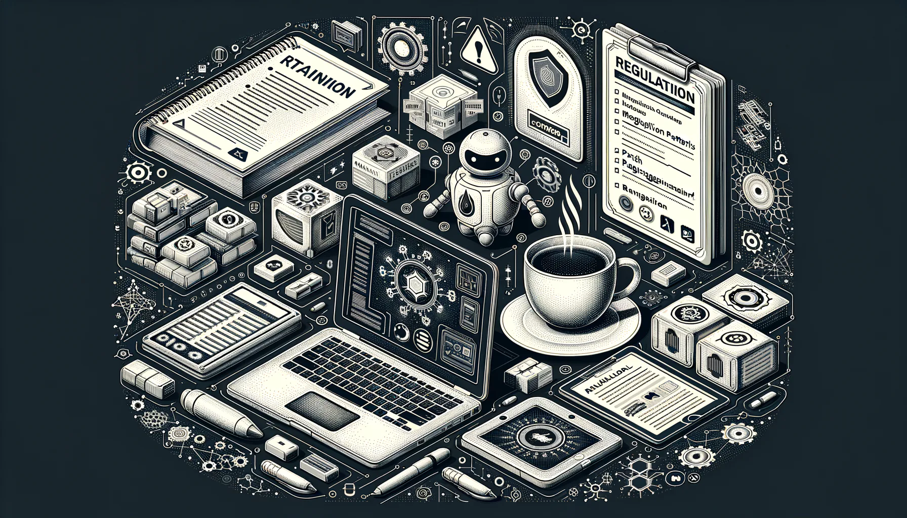 KDB Tech-Update 202409301502 Technisches Arbeits-Layout: sicherer Laptop, Trainings- und Regelordner, Patch-Management, KI-Katalog, Roboter-Modul sowie UI-/Tech-Icons um effiziente Updates.