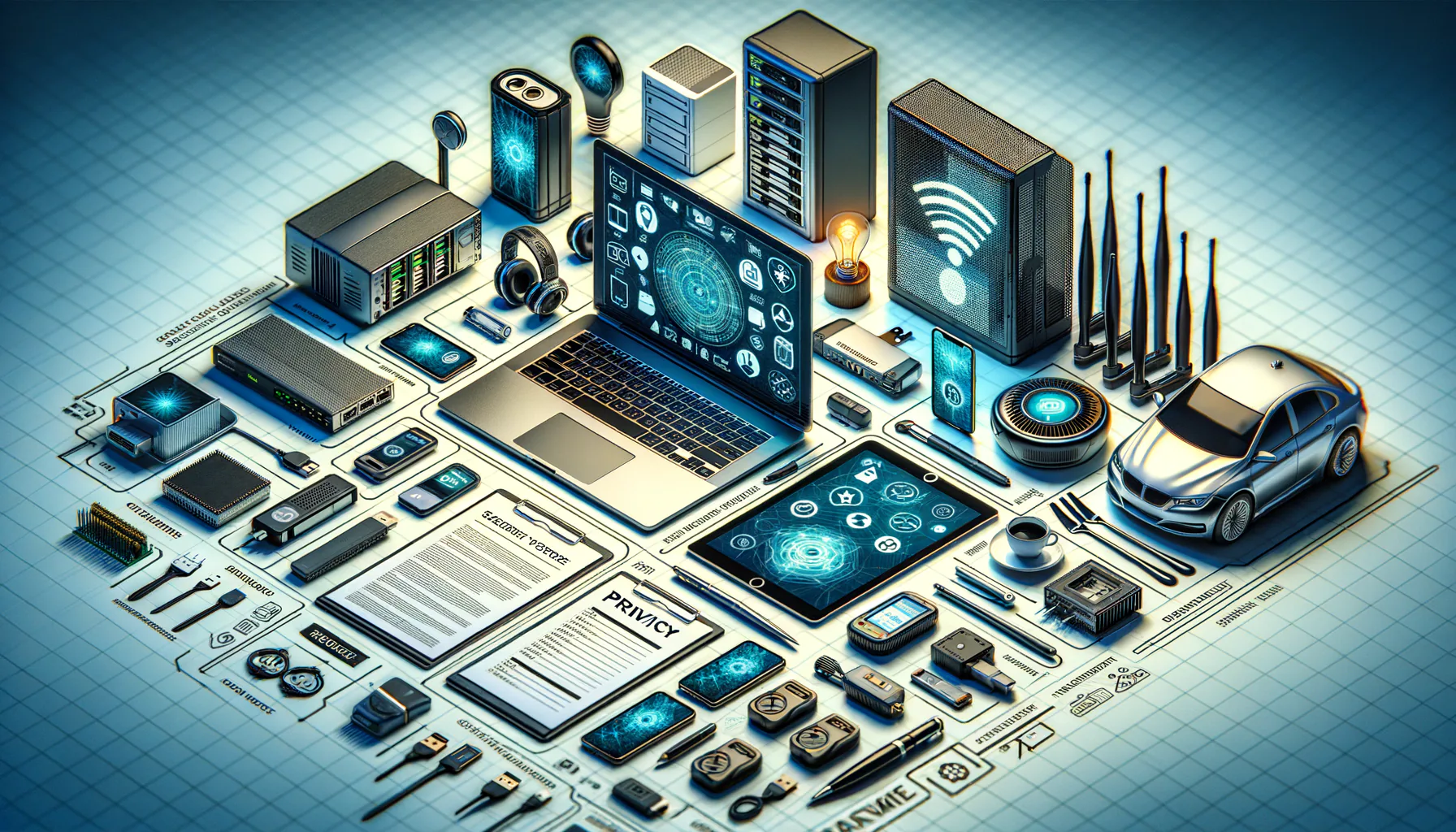 KDB Tech-Update 202410011506 Organisiertes IT-Setup: Laptop, Server, Router, Mobilgeräte, Sicherheitskey, Dokumente und Ladegeräte; zeigt vernetzte Technik, Datenschutz und Compliance.