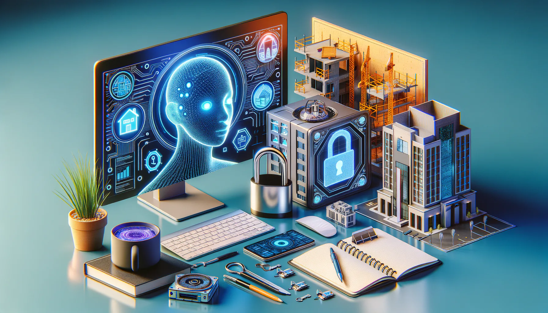 KDB Tech-Update 202410021504 Arbeitsplatz-Visual mit Monitor, Schloss-Symbol, Bauplänen und 3D-Modellen; verdeutlicht KI, Projektmaterialien sowie Schutz vor Cyberbedrohungen.