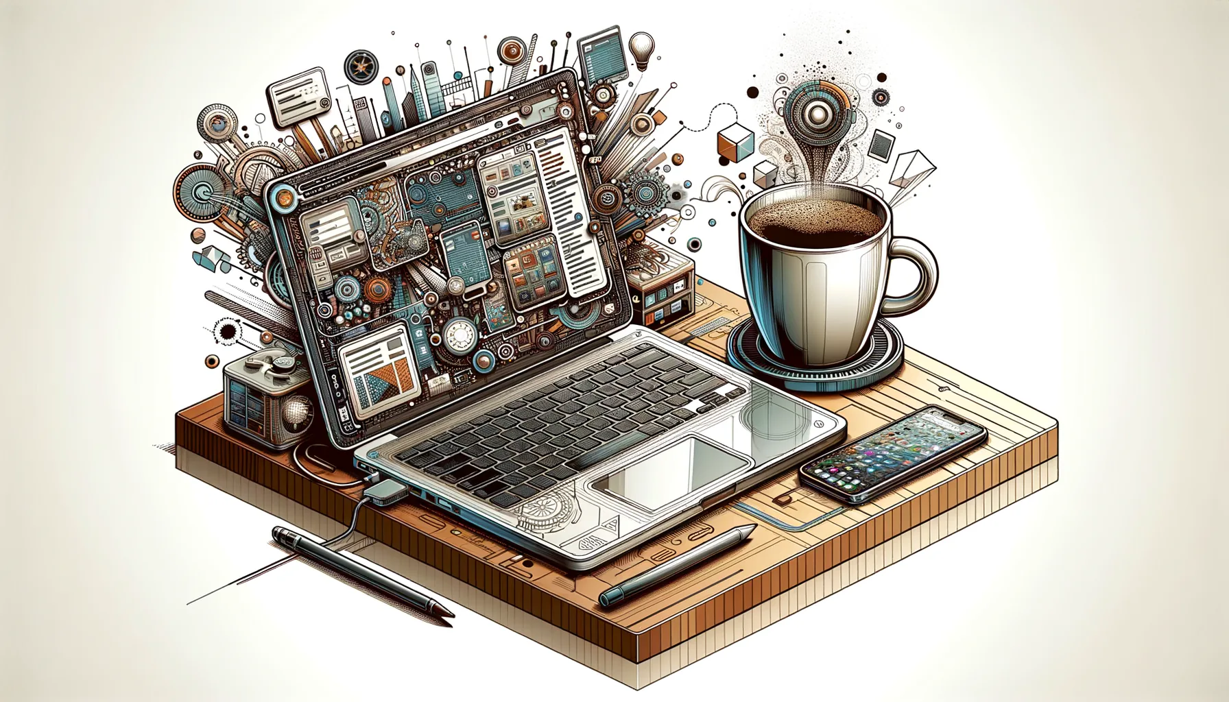KDB Tech-Update 202410030504 Moderne Szene: Offenes Laptop mit vielen Anwendungen, daneben Smartphone; dampfende Kaffeetasse auf Untersetzer – Symbol für produktive Technikarbeit.