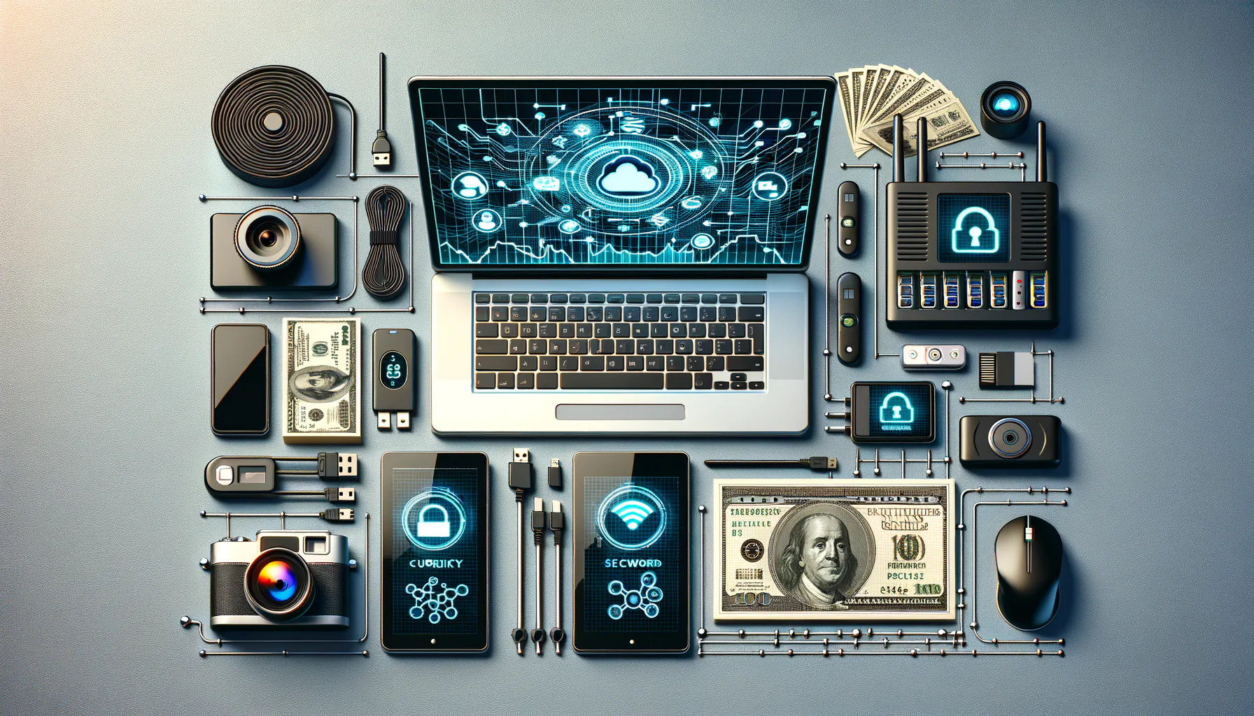 KDB Tech-Update 202410031503 Technik-Desktop mit Laptop, Smartphone, Kamera, Router, Kabeln und Sicherheits-Symbolik, sowie USB- und Notiz-Elementen zur Darstellung von Schutz.
