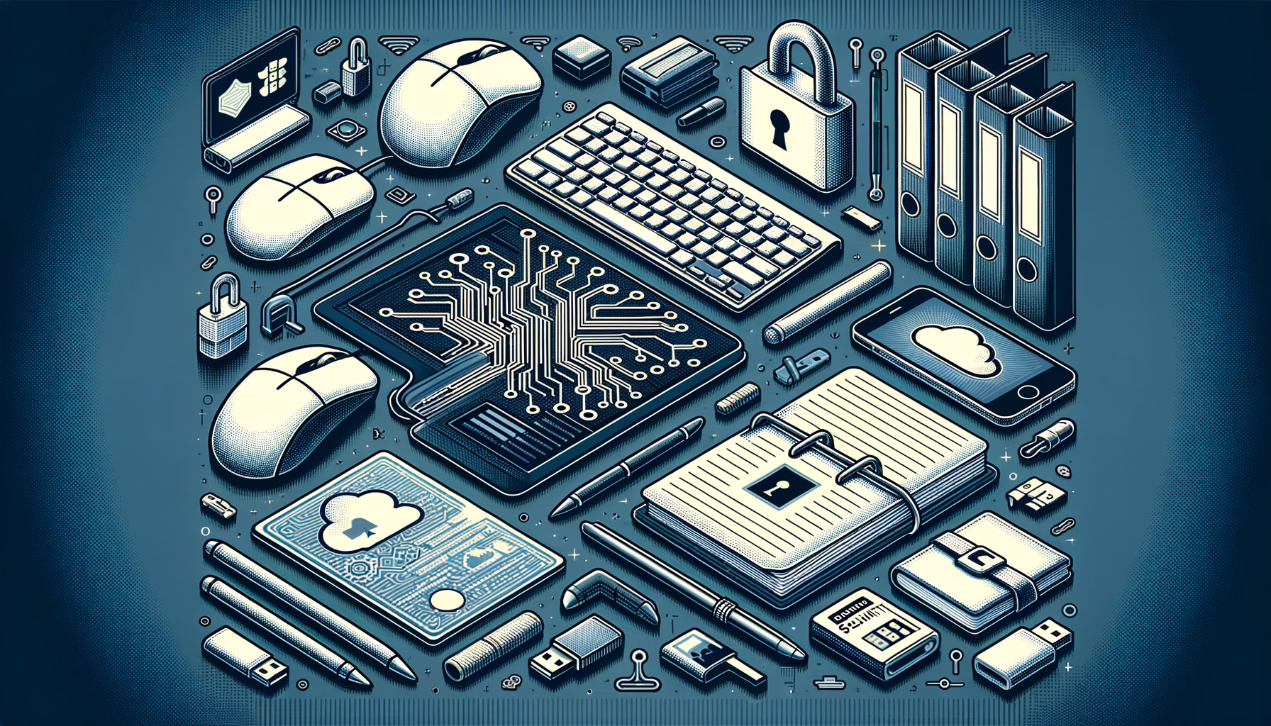 KDB Tech-Update 202410040503 Technik-Desktop-Illustration: Computer, Tastatur, Maus und Datenträger; Cloud- und Schloss-Symbol, Ordner zur sicheren Verwaltung von Dateien.