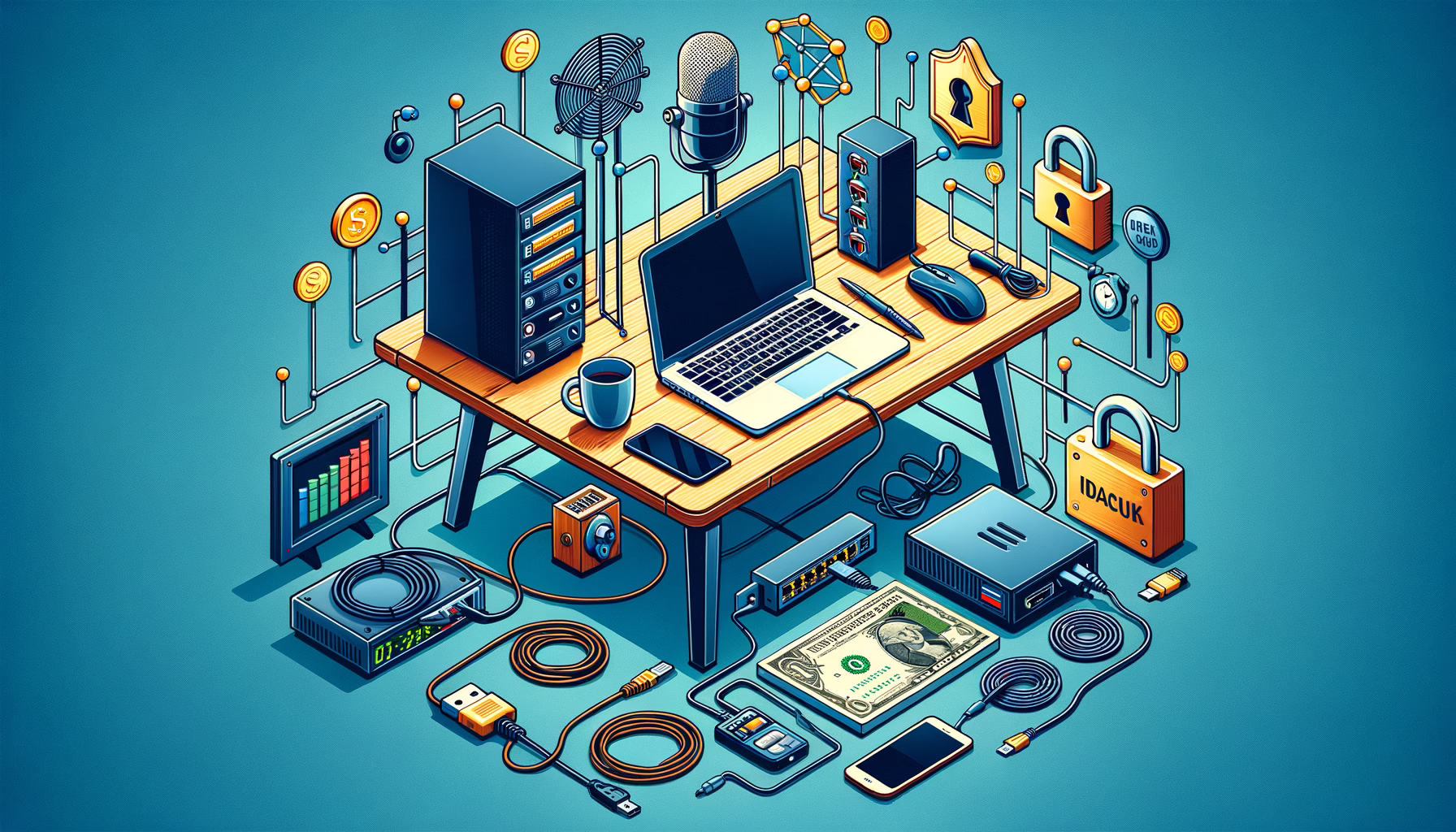 KDB Tech-Update 202410041514 Technik-Desk mit Laptop, Server- und Router-Icons, Sicherheits-Sperren, Kabeln, Diagramm, USB-Stick und Münzen als Symbole für Datensicherheit und Investitionen.