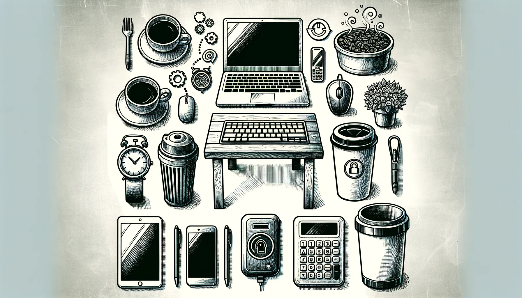 KDB Tech-Update 202410070505 Technik-Illustration: Laptop, Smartphone und Tablet mit Zubehör wie Tastatur, Kaffeebecher, Abfalleimer und PIN-Pad zur sicheren Eingabe.