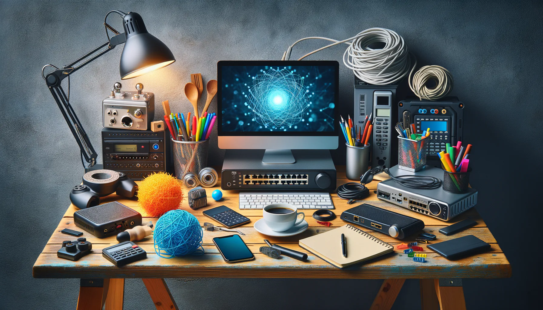 KDB Tech-Update 202410090505 Technik-Desk: Monitor mit Netzwerkdarstellung, Router/Scanner, Kabel, Werkzeuge und Notizbuch; ordentliche Anordnung für IT-Tests und Produktivität.