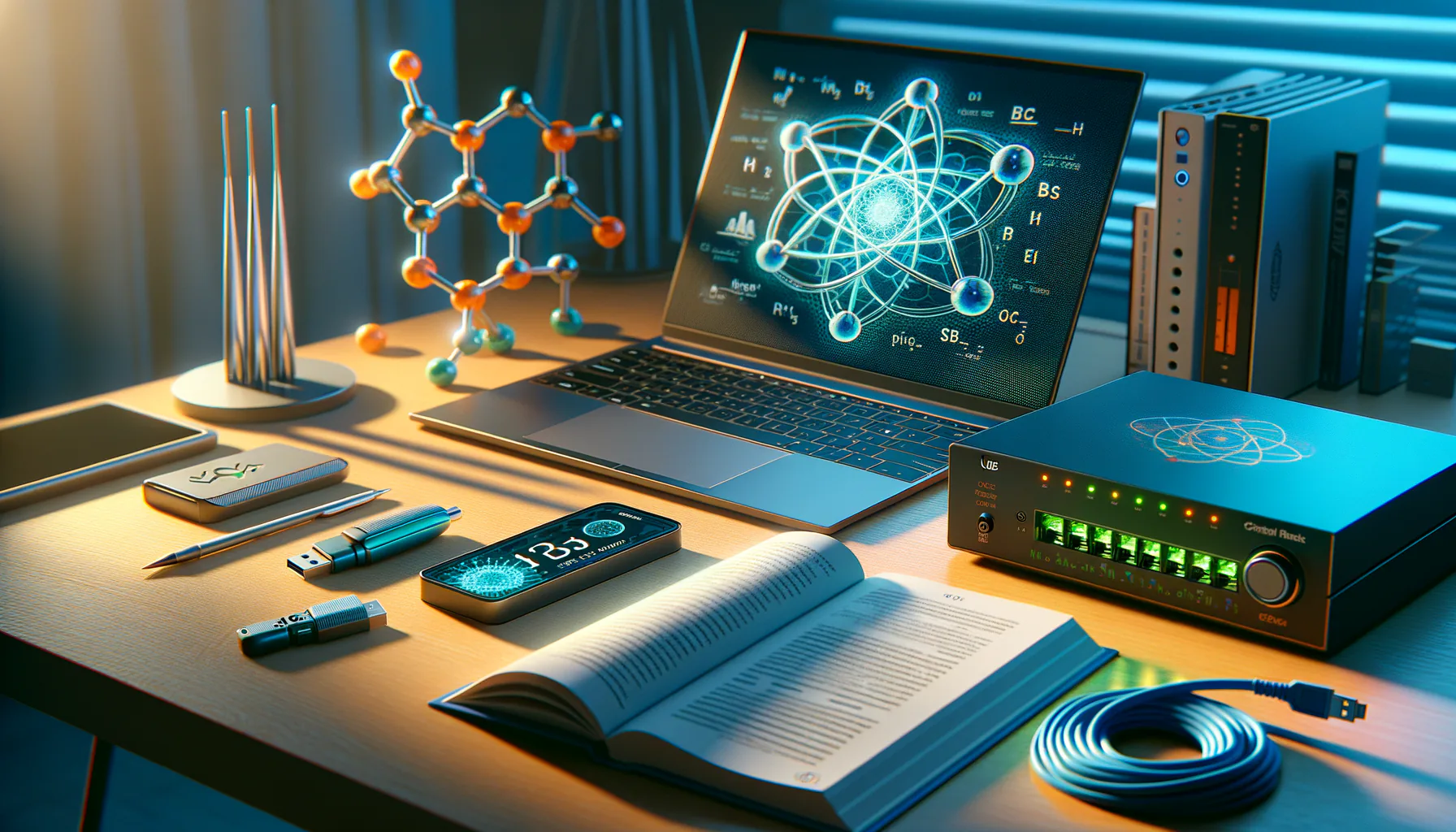 KDB Tech-Update 202410091506 Arbeitsplatz mit Laptop und Molekülmodell, geöffnetem Chemiebuch, USB-Stick, blinkendem Router und blauem Netzwerkkabel; für Technik- und Lernzwecke.