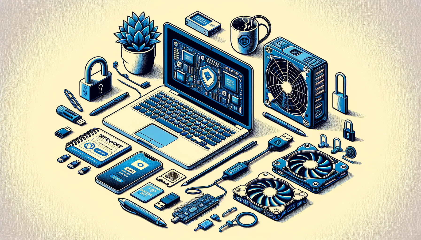 KDB Tech-Update 202410100503 Technik-Desk mit Laptop, USB-Sticks, Firewall/Schloss-Symbolen und Update-Elementen; daneben verschlüsselte Passwörter, GPU und Kühler für Sicherheit und Wartung.