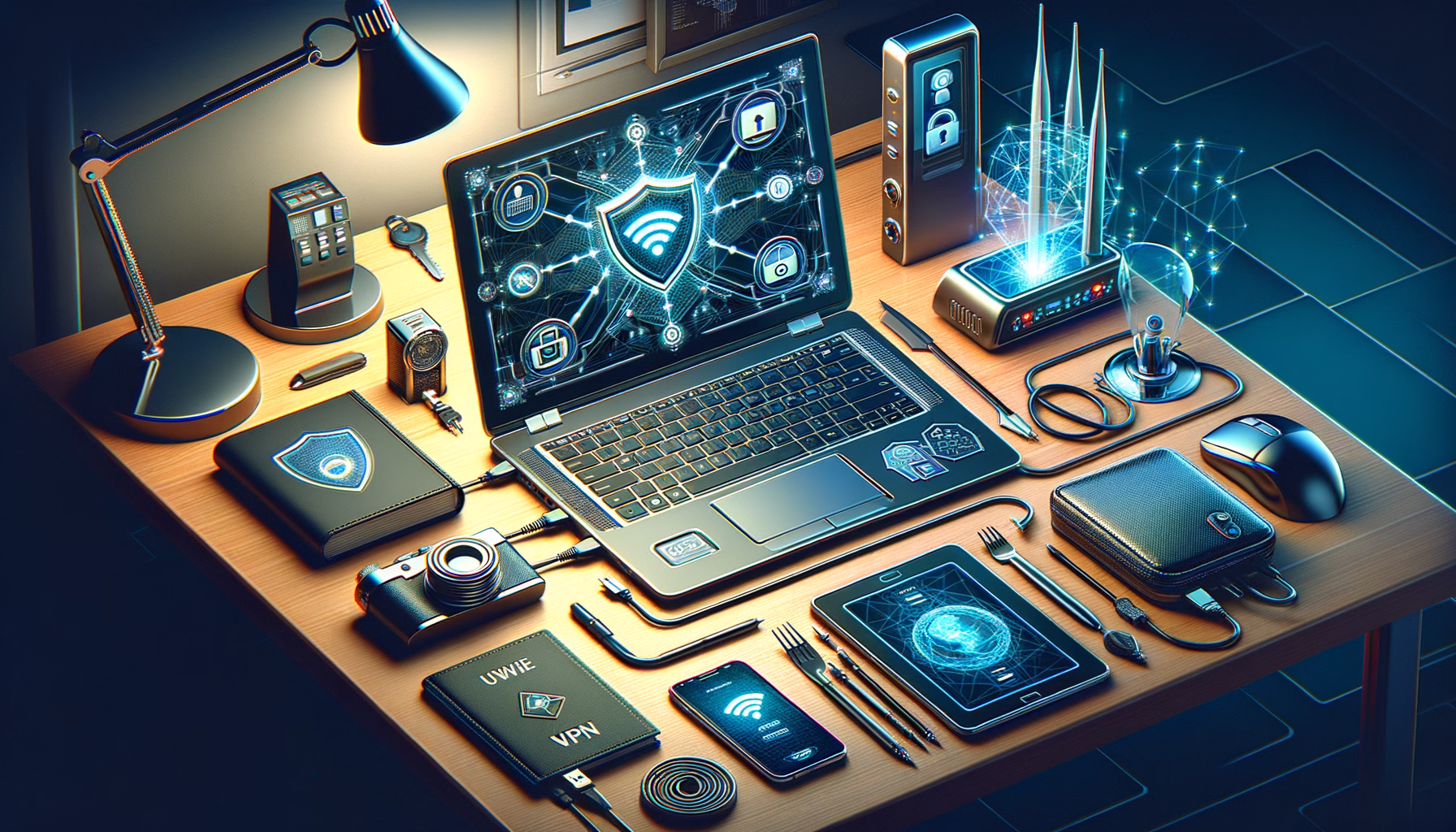 KDB Tech-Update 202410101501 Desk-Setup mit Laptop, Firewall- und Schutzsymbolen, verbundenem Update-Kabel, Router mit WLAN/VPN-Anzeigen sowie Kamera und Smartphone zur Datensicherheit.