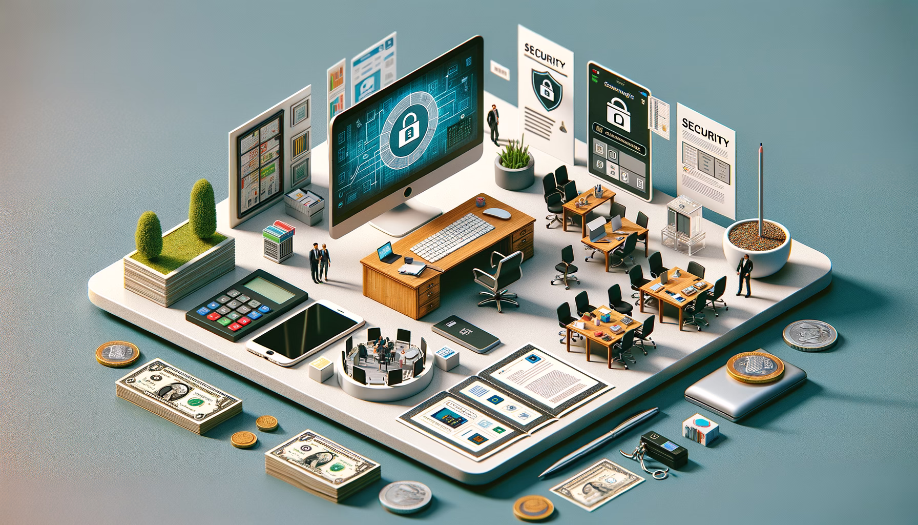 KDB Tech-Update 202410110503 Sicherheitsorientiertes Büro-Setup mit Computer, Schutzsymbolen, Update-Popup, Dokumenten und Geräten; daneben Rechner, Notizpapier und Geldscheine als Hinweis.