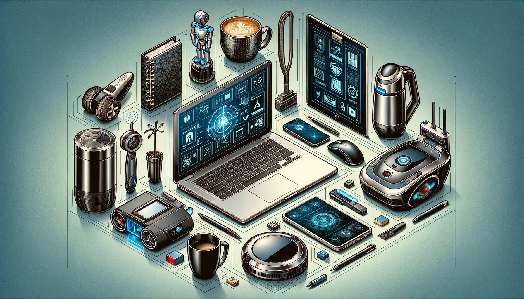 KDB Tech-Update 202410130500 Technisch aufgeräumter Schreibtisch mit Laptop, Smartphone, Sicherheitsgerät und Bürobedarf; Symbole zeigen Schutz, Software und Robotik.
