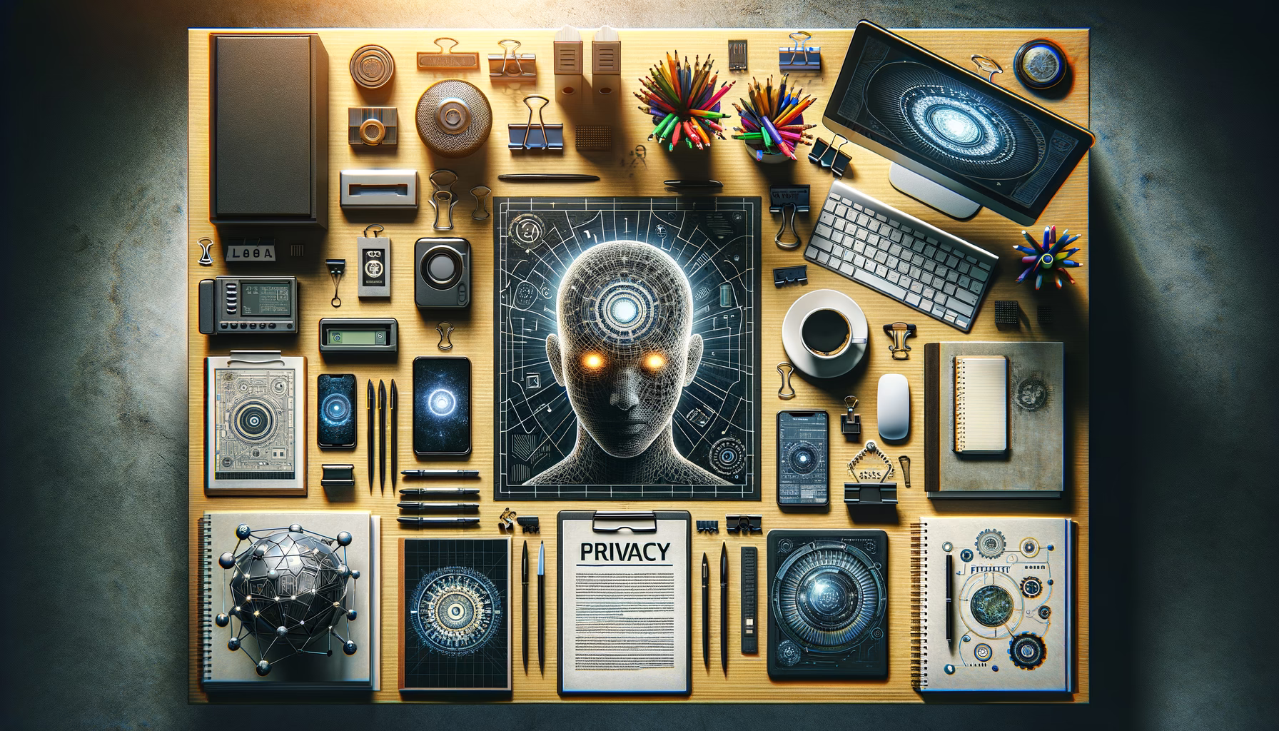 KDB Tech-Update 202410131505 Übersichtliche Arbeitsfläche mit Computer, Tablet und Dokument „PRIVACY“; Werkzeuge und Notizbücher symbolisieren Sicherheit, Fokus und produktive Technikplanung.