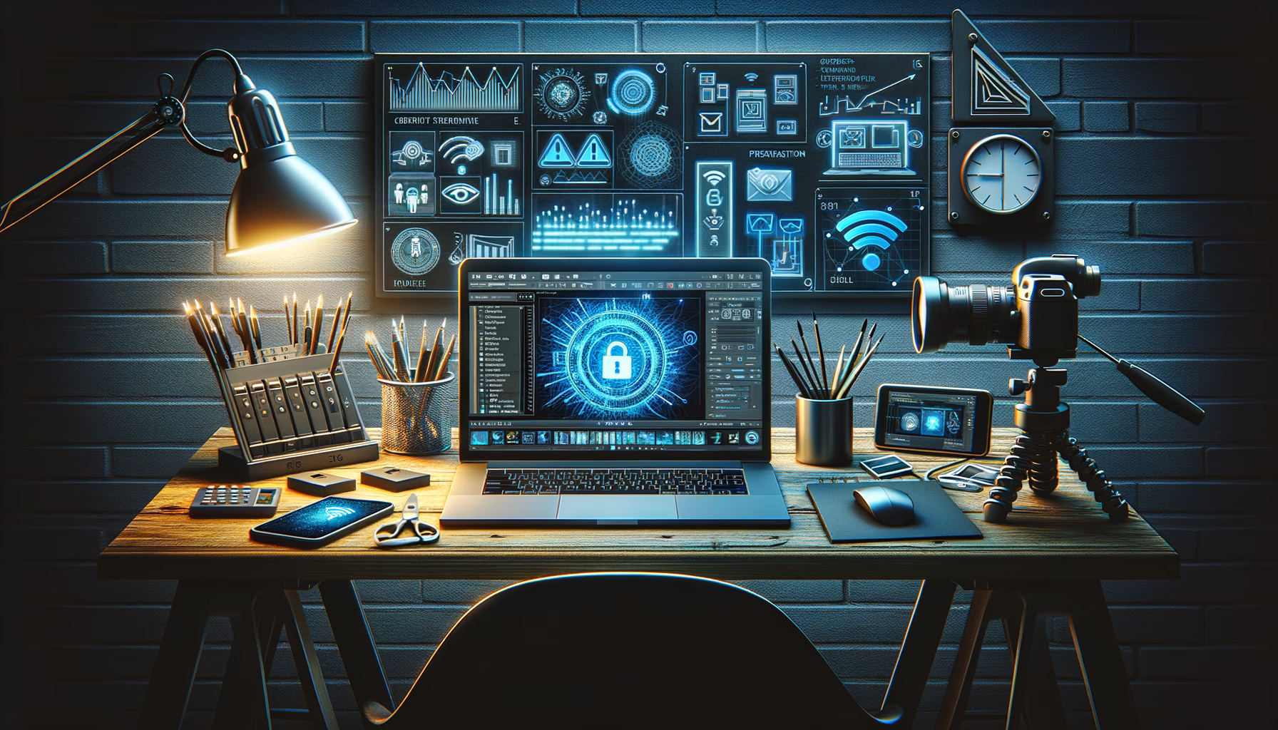KDB Tech-Update 202410141503 Arbeitsplatz mit Laptop und Sicherheitssoftware, Router-Licht, Smartphone-Apps, Videokamera; Tablet/Handy zeigen Security, Phishing-Warnung, Checkliste an Wand.