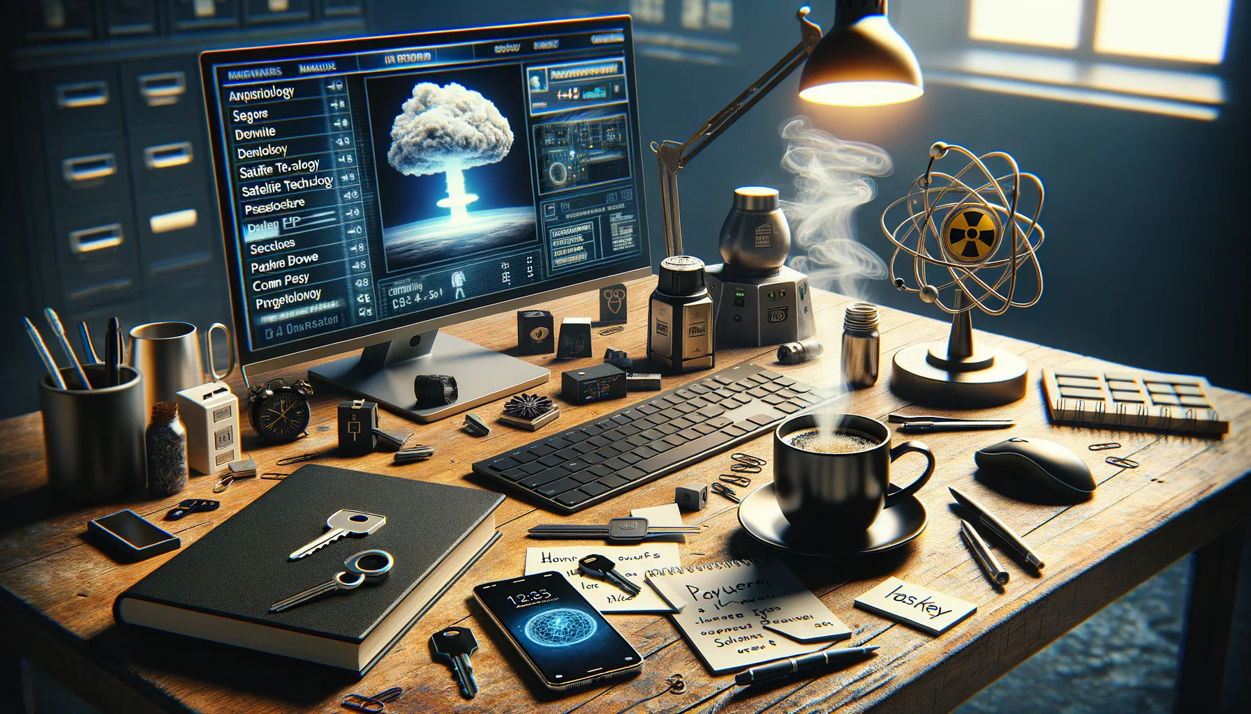KDB Tech-Update 202410151504 Arbeitsplatz mit Monitoren für Sicherheitssoftware, Smartphone, Notizkarten, Passkey am Rand, warmem Kaffee und Technik-Elementen wie Sat-Symbolik.