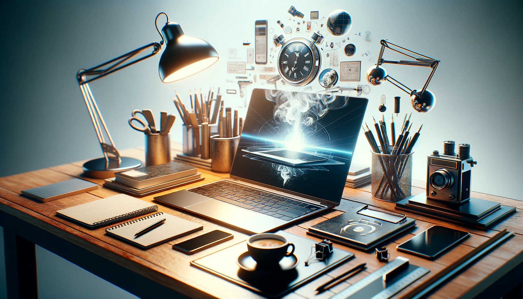 KDB Tech-Update 202410160506 Modernes Desk-Setup mit offenem Laptop, dampfender Kaffeetasse und Schreibtischutensilien; Symbol für konzentriertes Arbeiten und Produktivität.