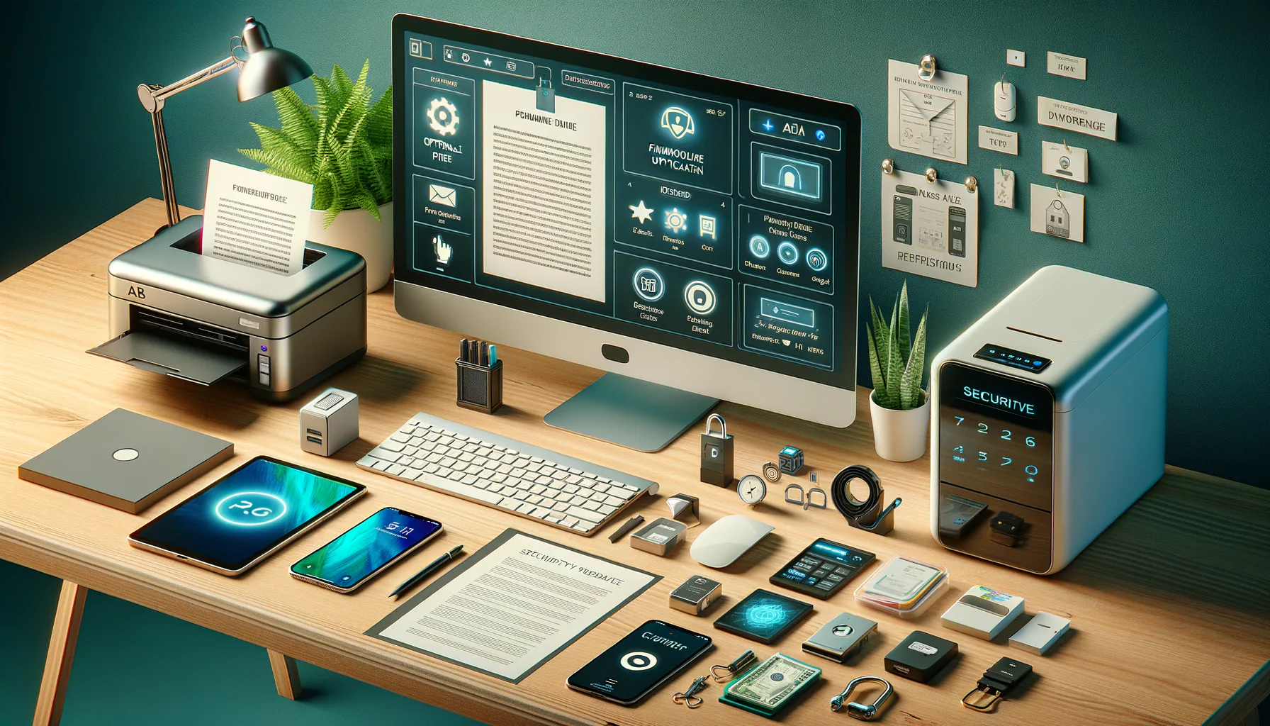 KDB Tech-Update 202410161502 Arbeitsplatz mit Computer und blinkender Firmware-Update-Anzeige, geöffnetem PDF, Drucker, Smartphone, Speicherkarte, externem Laufwerk und Sicherheits-Schloss.
