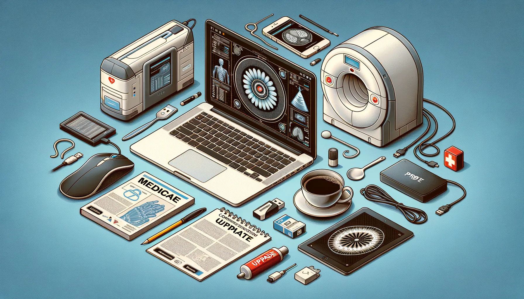 KDB Tech-Update 202410170503 Technik-Desk mit Laptop, Sicherheits-Update-Symbol, Medizinhandbuch, PDF, USB und Druckerpapier; ergänzende Geräte stehen für Informations- und Upgrade-Workflow.