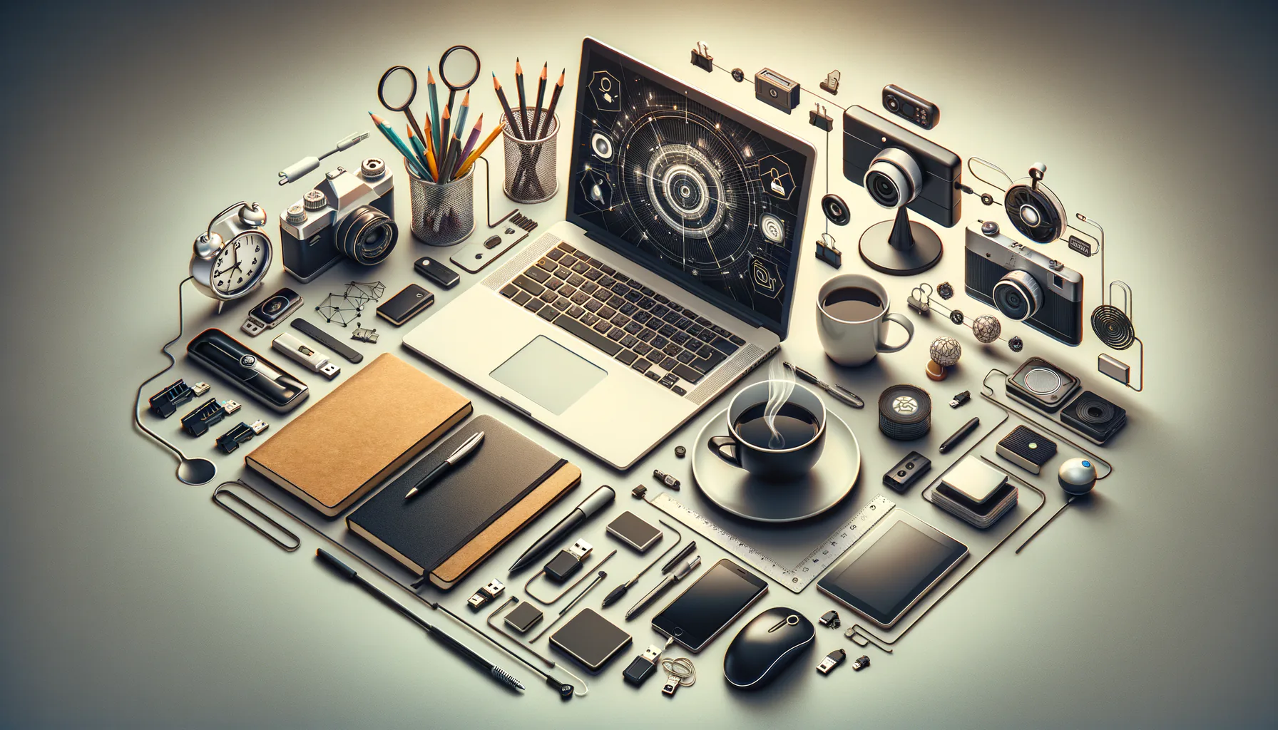KDB Tech-Update 202410180512 Übersichtlicher Technik-Arbeitsplatz mit Laptop, Dokumenten, USB-Sticks, Maus und Browser-Symbolen; Kaffeetasse ergänzt traditionelle Büroausstattung.