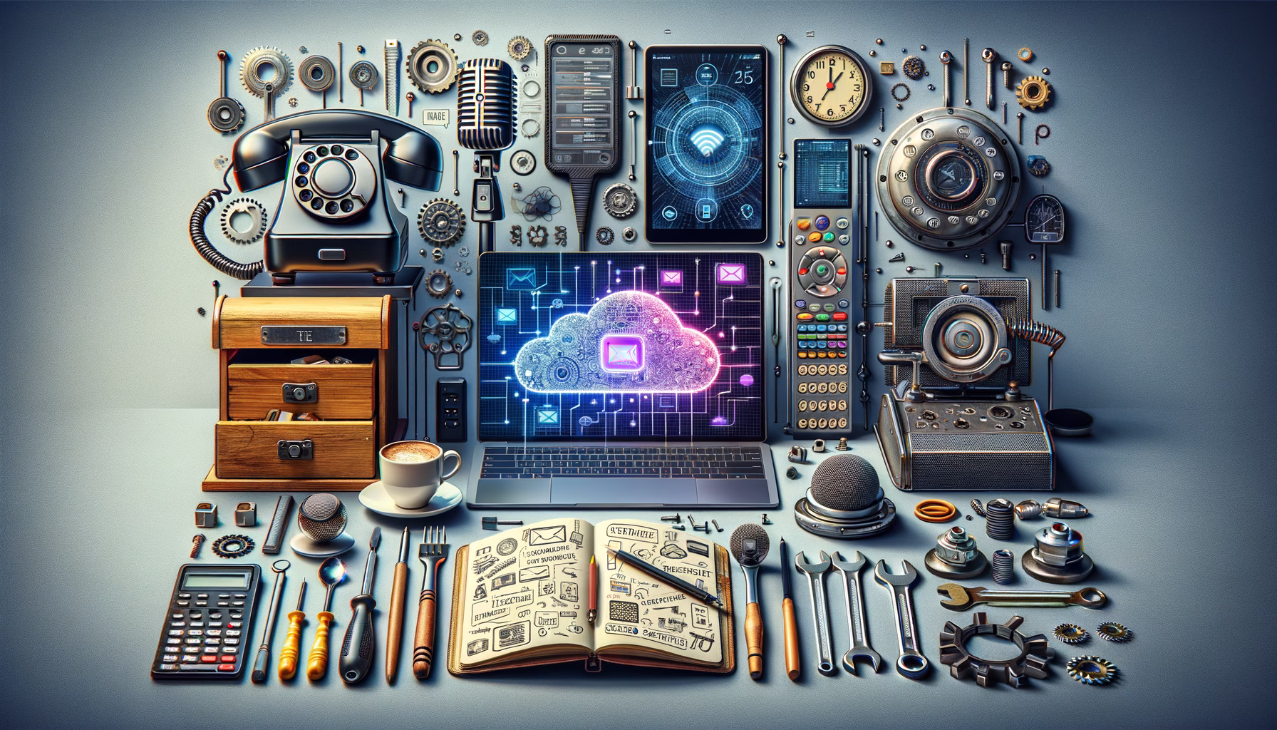 KDB Tech-Update 202410191505 Technik-Desk-Set mit Telefon, Mikro, Headset, Cloud- und Sicherungsspeicher-Visuals auf Laptop/Tablet sowie Reparaturwerkzeugen und Ersatzteilen.