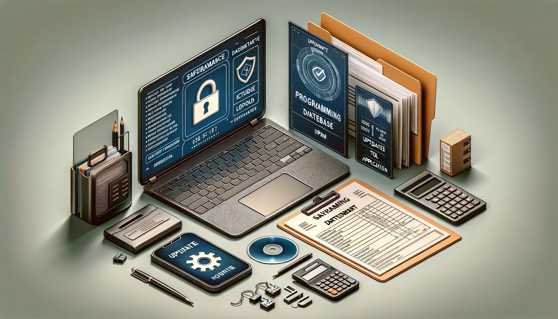 KDB Tech-Update 202410201506 Laptop zeigt Sicherheitssoftware und Update-/Spam-Schutz, daneben Ordner, Datenblatt, Programm-CD, Gehalts- und Bewerbungsunterlagen auf Schreibtisch.