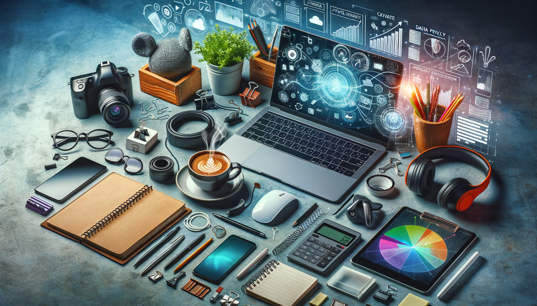 KDB Tech-Update 202410211503 Arbeitsplatz mit geöffnetem Laptop, Kaffeetasse und Technik-Equipment; darüber Visualisierung digitaler Daten zur Darstellung von Produktivität und Kommunikation.