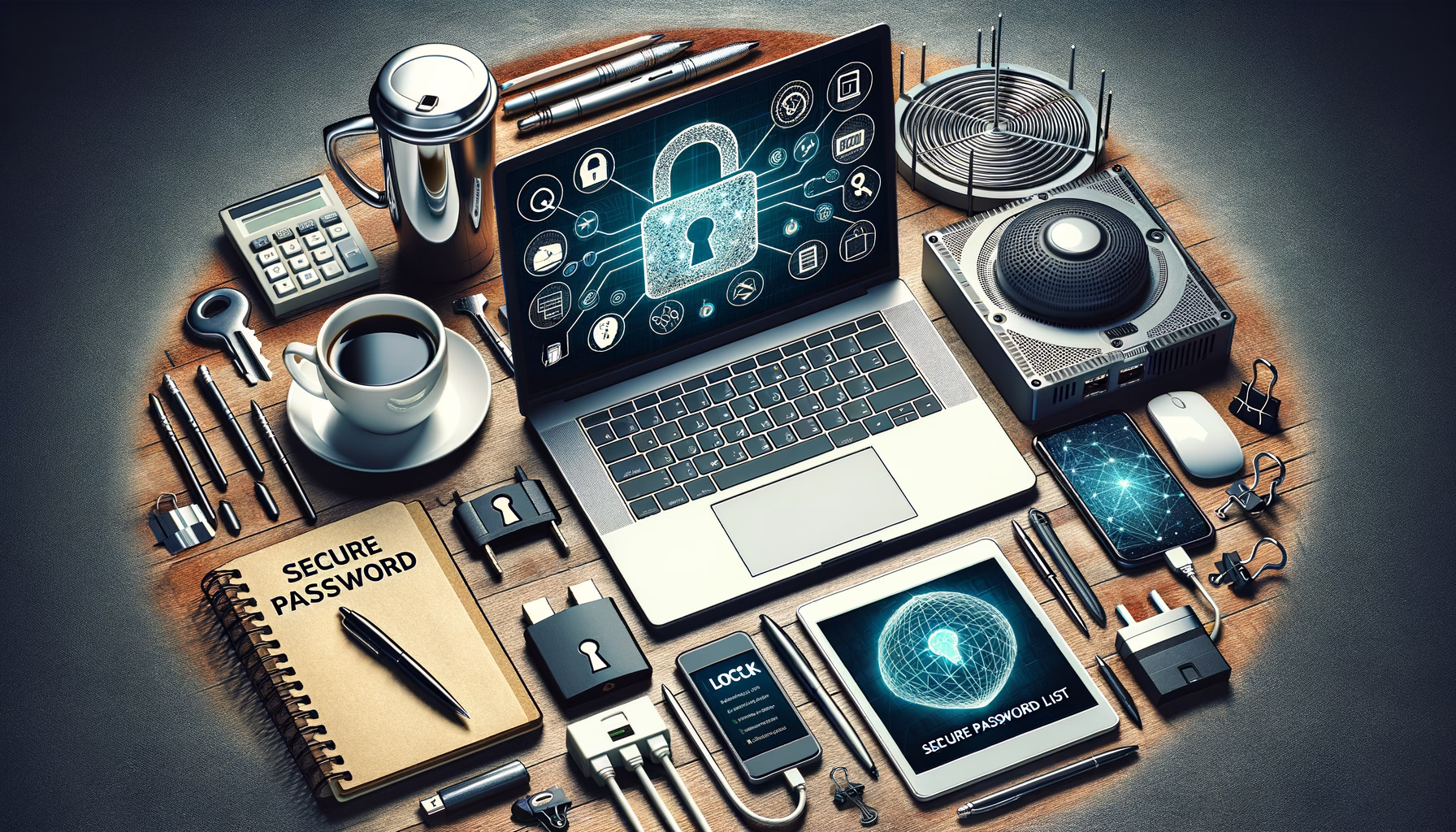 KDB Tech-Update 202410220504 Schreibtisch mit Laptop, Schloss und Passwortliste sowie Router, Firewall-Geräten; daneben Kabel, USB-Stick, Smartphone und Tablet—zeigt geordnete IT-Sicherheit.
