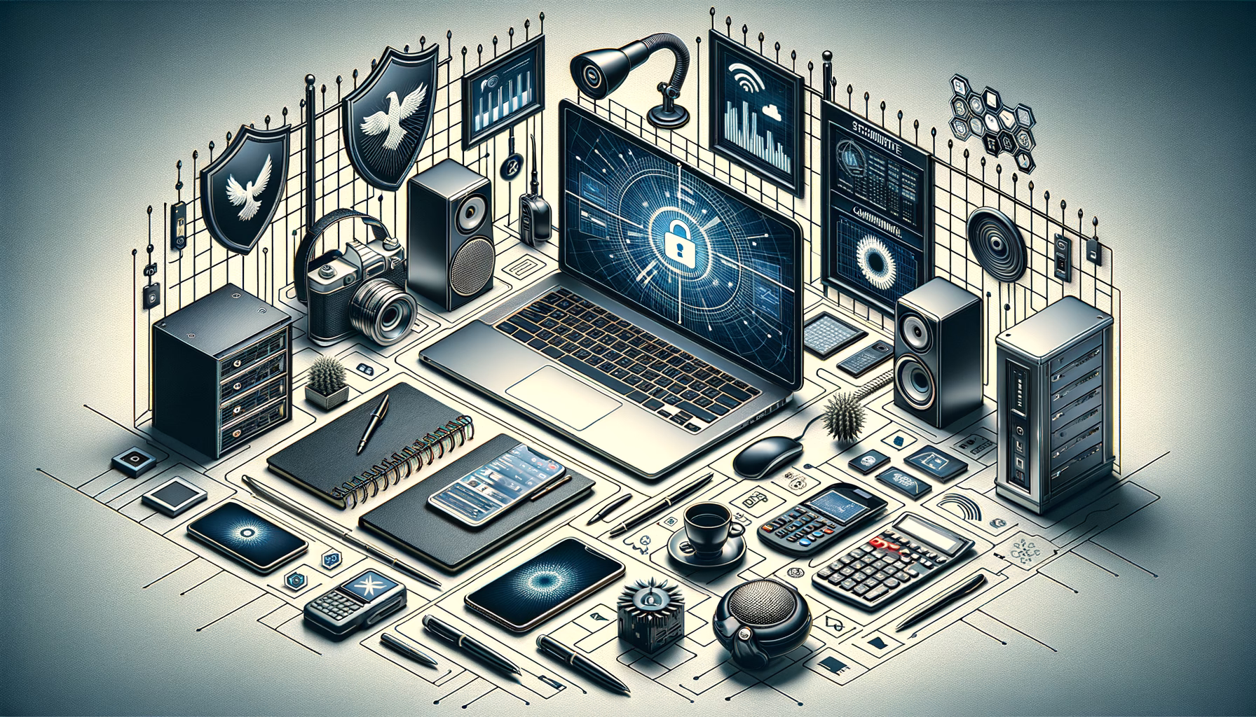 KDB Tech-Update 202410221503 IT-Schreibtisch mit Laptop, Servern und Sicherheitsanzeigen; Symbole für Firewall, Verschlüsselung und Überwachung verdeutlichen Schutz und Monitoring.