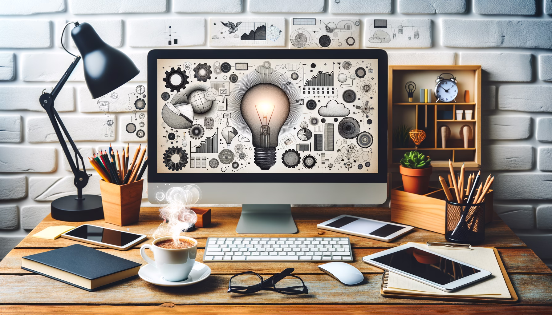 KDB Tech-Update 202410230511 Arbeitsplatz-Setup mit Monitor voller Technikgrafiken, Kaffeetasse und Tastatur; daneben Tablet und Smartphones, zur Darstellung digitaler Innovationsarbeit.