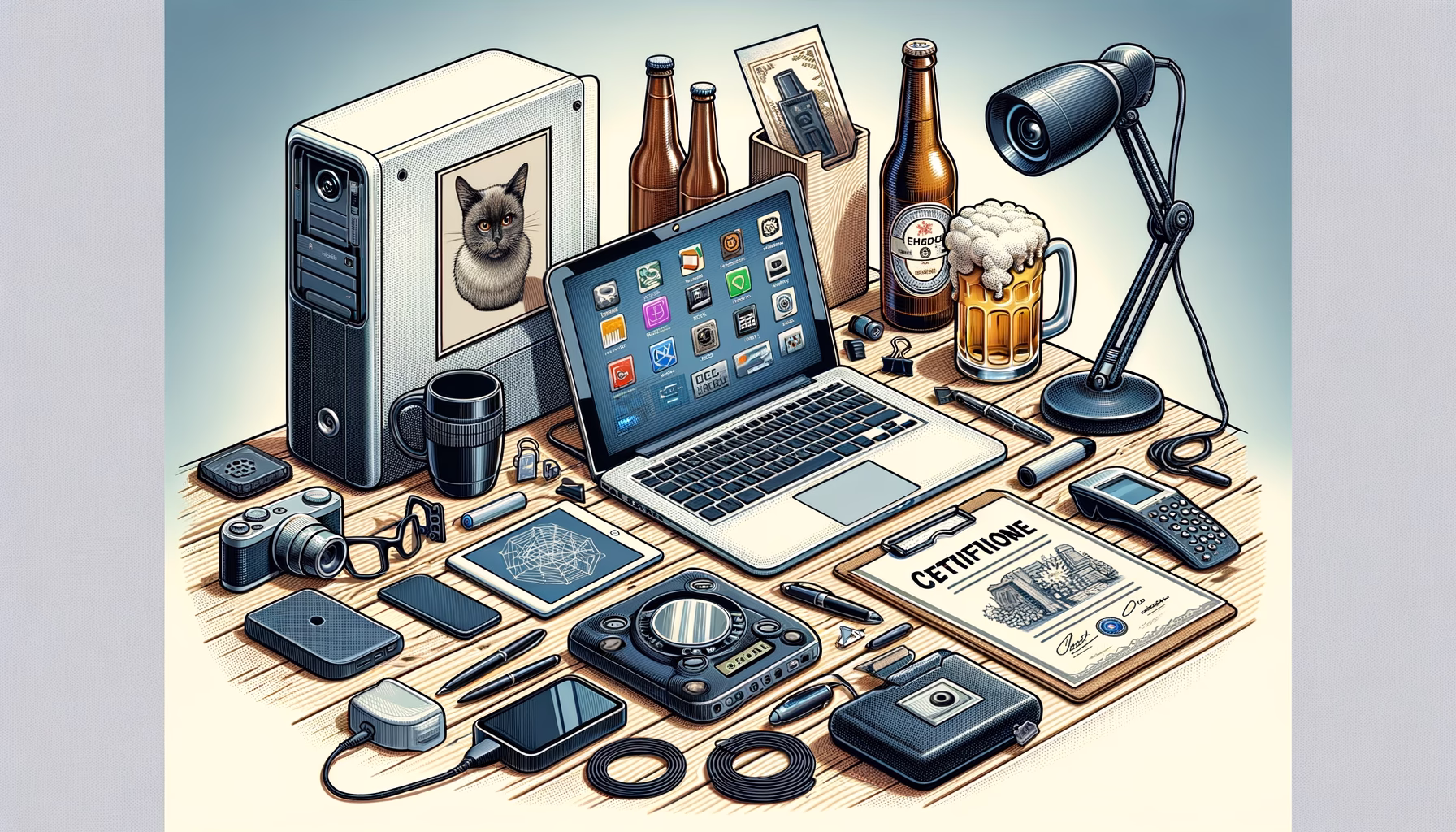 KDB Tech-Update 202410231504 Technik-Desktop mit PC, Sicherheits-Schloss, Tablet, Zertifikat, Serverelement, Telefon und Peripherie; Getränke, Kamera-Setup, Stift und Unterlagen.