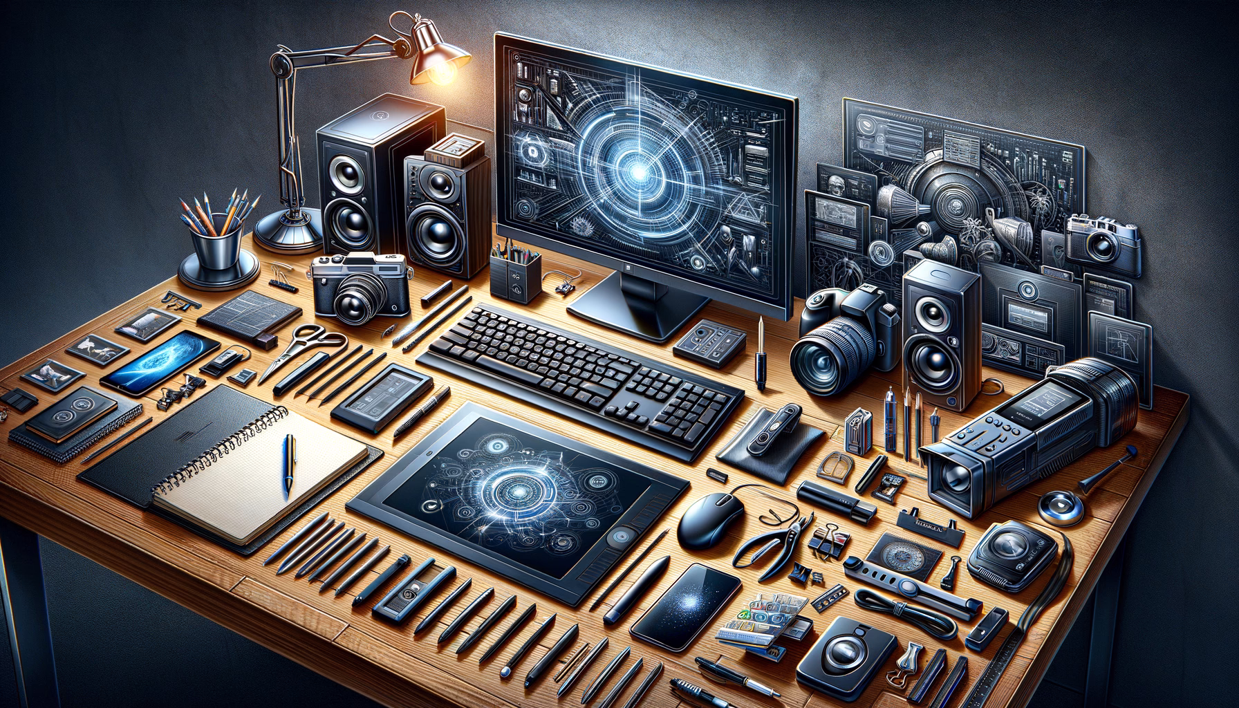 KDB Tech-Update 202410251503 Technologie-Schreibtisch mit Monitor, Smartphone, Tablet und Kamera-Equipment; diverse Tools und Datenträger ordnen sich um digitale Arbeits- und Sicherheitsideen.