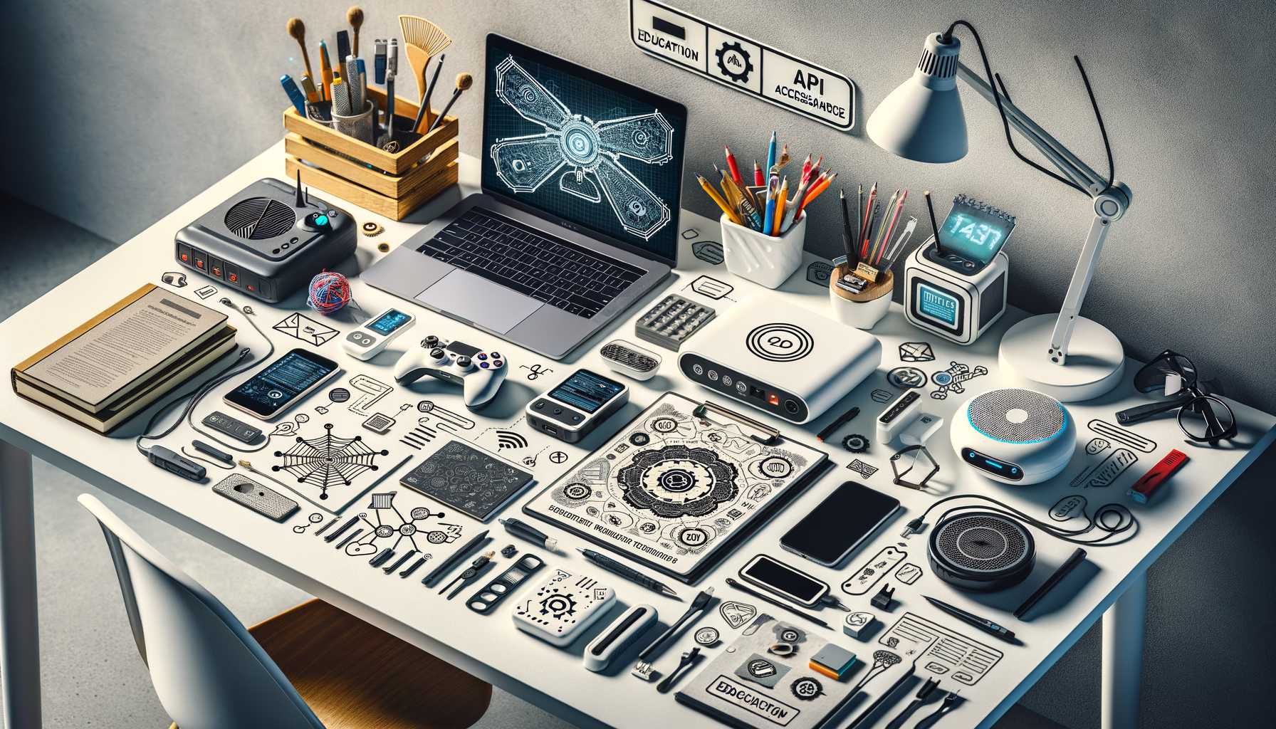 KDB Tech-Update 202410261502 Technik- und Lernarbeitsplatz: Laptop mit API-/Schaltplänen, Dokumente, Notizbuch, Tablet, Router, Drohne, Kabel und Werkzeuge geordnet für Produktivität.