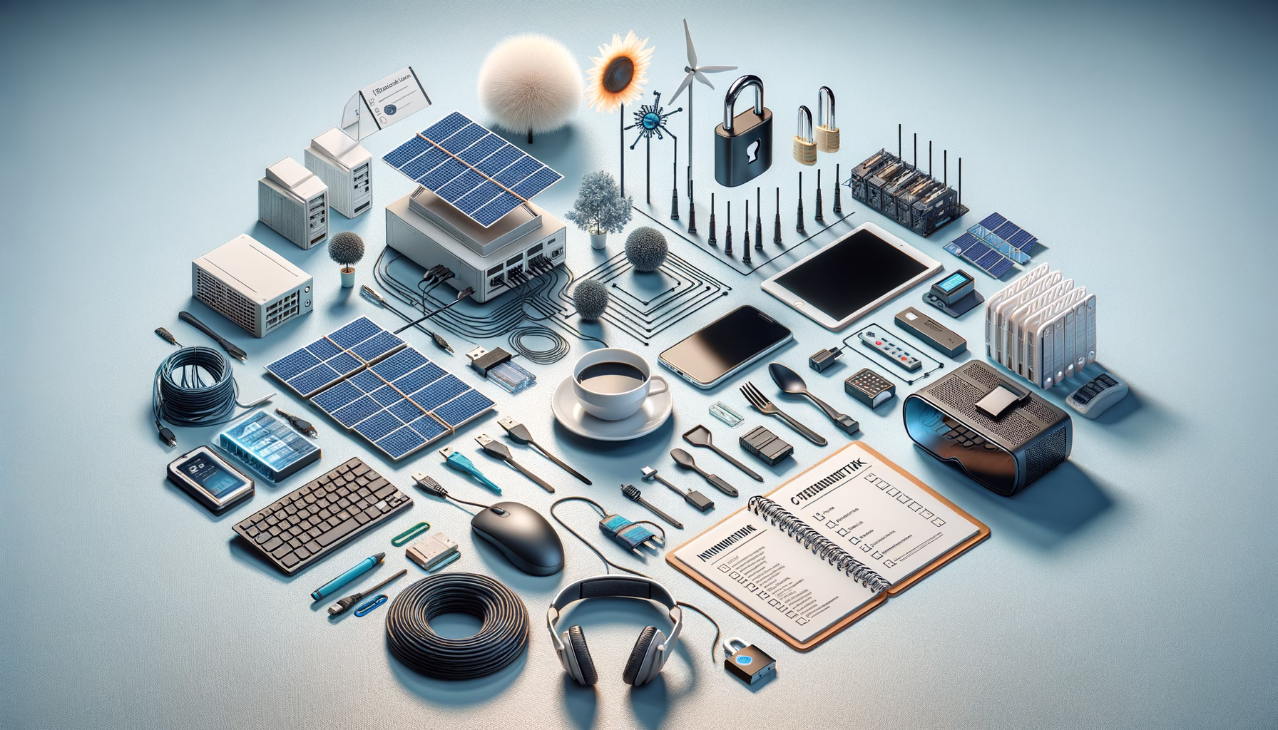 KDB Tech-Update 202410280603 Technik-Workbench mit Laptop, Smartphone, Solarzellen, Netz- und Glasfaserleitungen, Firewall-Schlosssymbol und Checkliste zur Datenschutz- und Umweltprüfung.