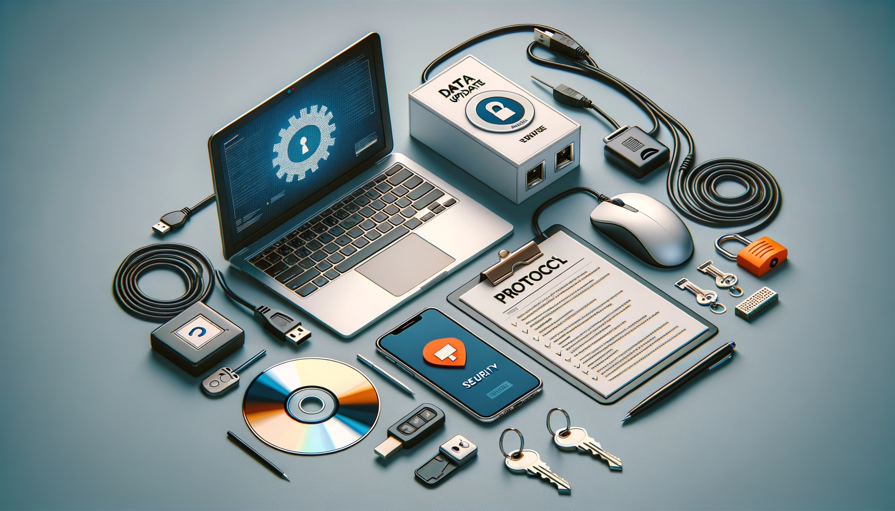KDB Tech-Update 202410281605 Technik-Arbeitsplatz mit Laptop, Datenkabel, Smartphone, Antivirus-Disc, Sicherheitsdokument und Server-Schlüssel zur Update- und Sicherheitsprüfung.