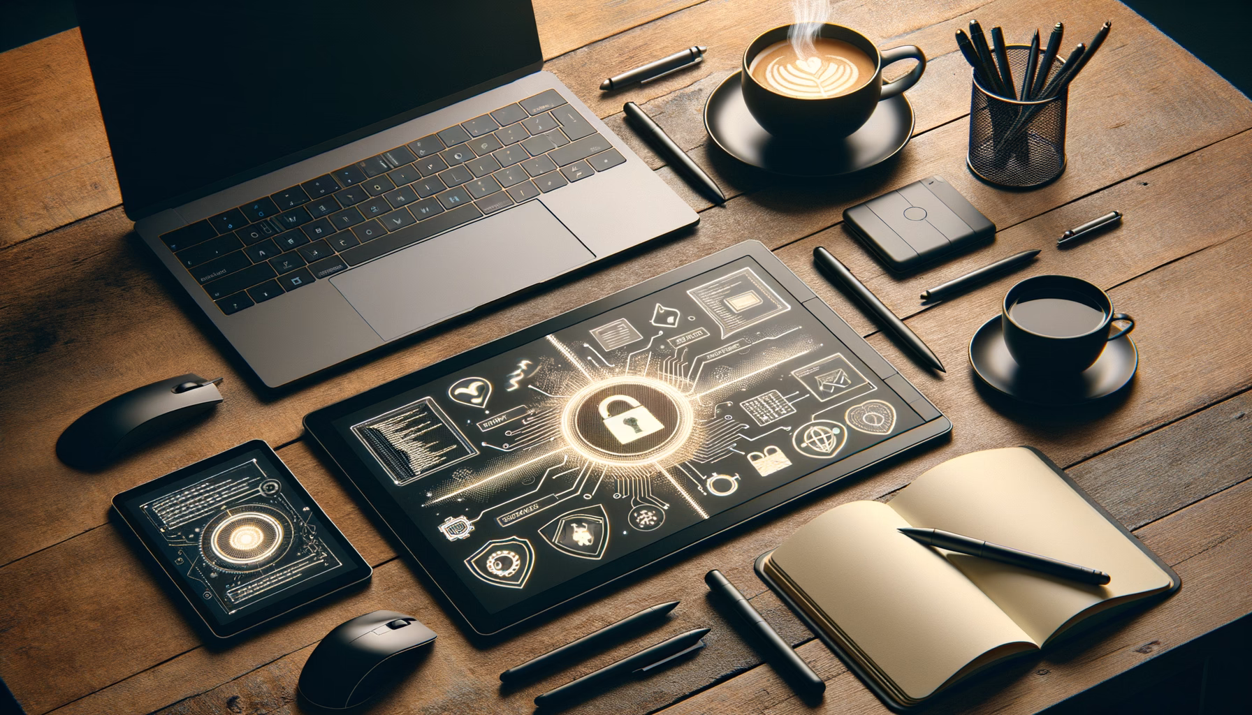 KDB Tech-Update 202410290604 Schreibtisch mit Laptop, interaktivem Grafiktablett, Tasse Kaffee und Notizbuch; Sicherheits-Icon strahlt für Schutz vor Bedrohungen.
