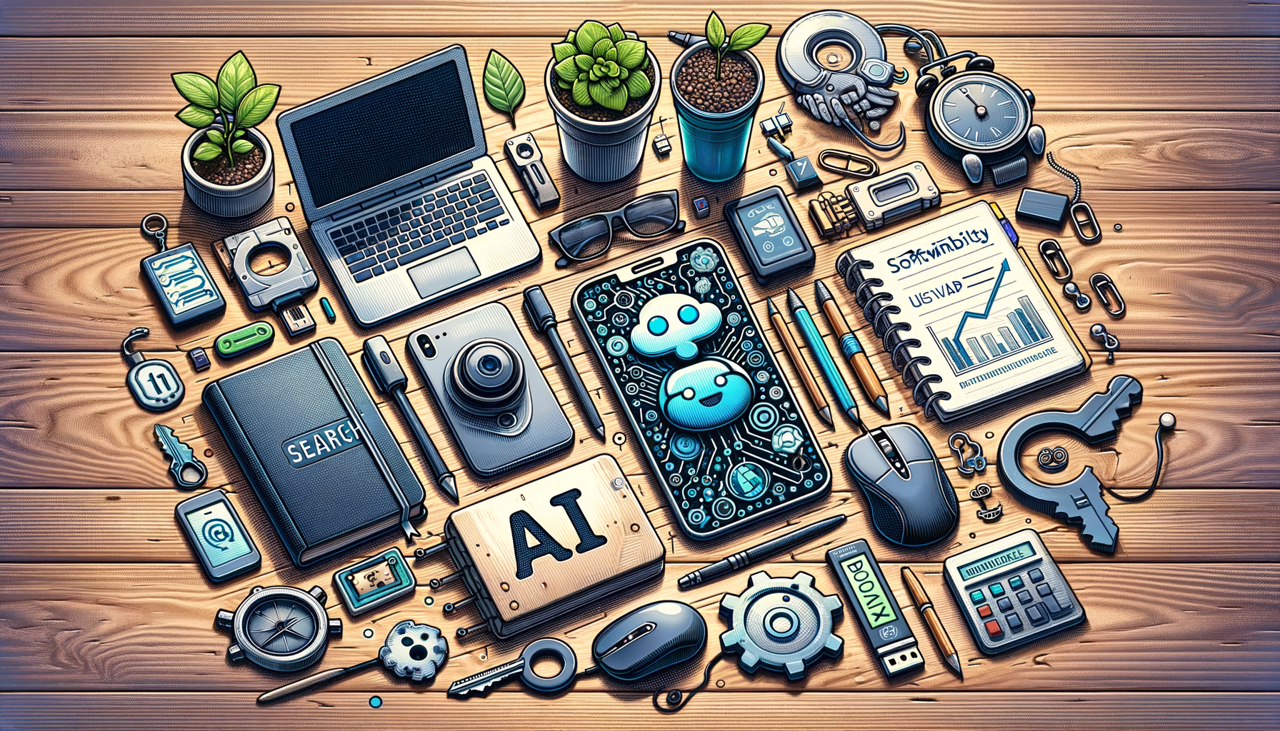 KDB Tech-Update 202410300605 Übersicht aus IT- und Produktivitäts-Symbolen auf einem Tisch: Laptop, Smartphone, Maus, Kalender, Daten- und Sicherheits-Elemente für digitale Arbeit.
